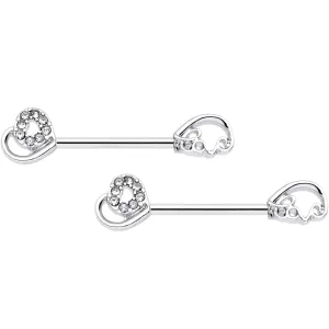 14 Gauge 5/8 Clear Gem Heart Swirl Barbell Nipple Ring Set
