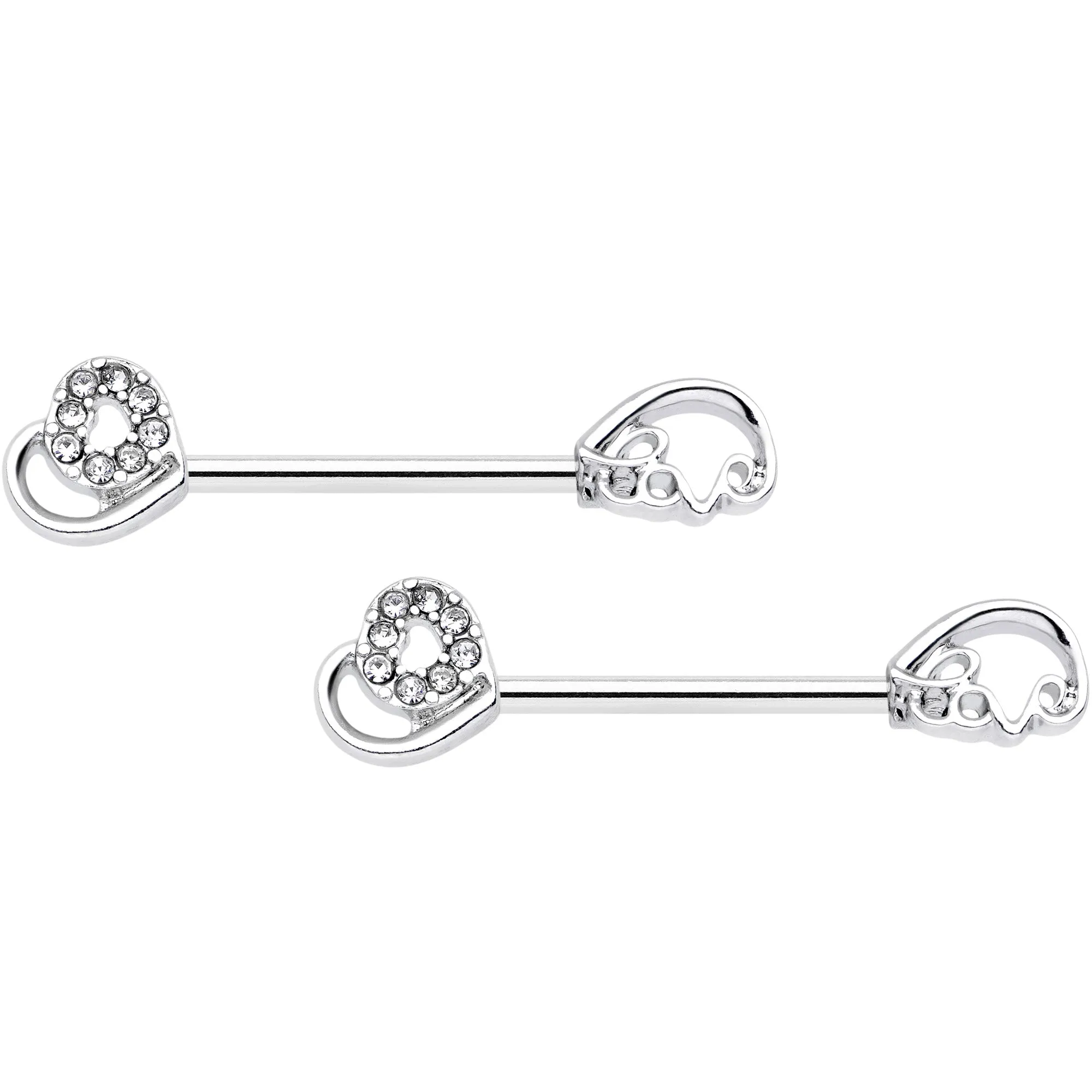 14 Gauge 5/8 Clear Gem Heart Swirl Barbell Nipple Ring Set
