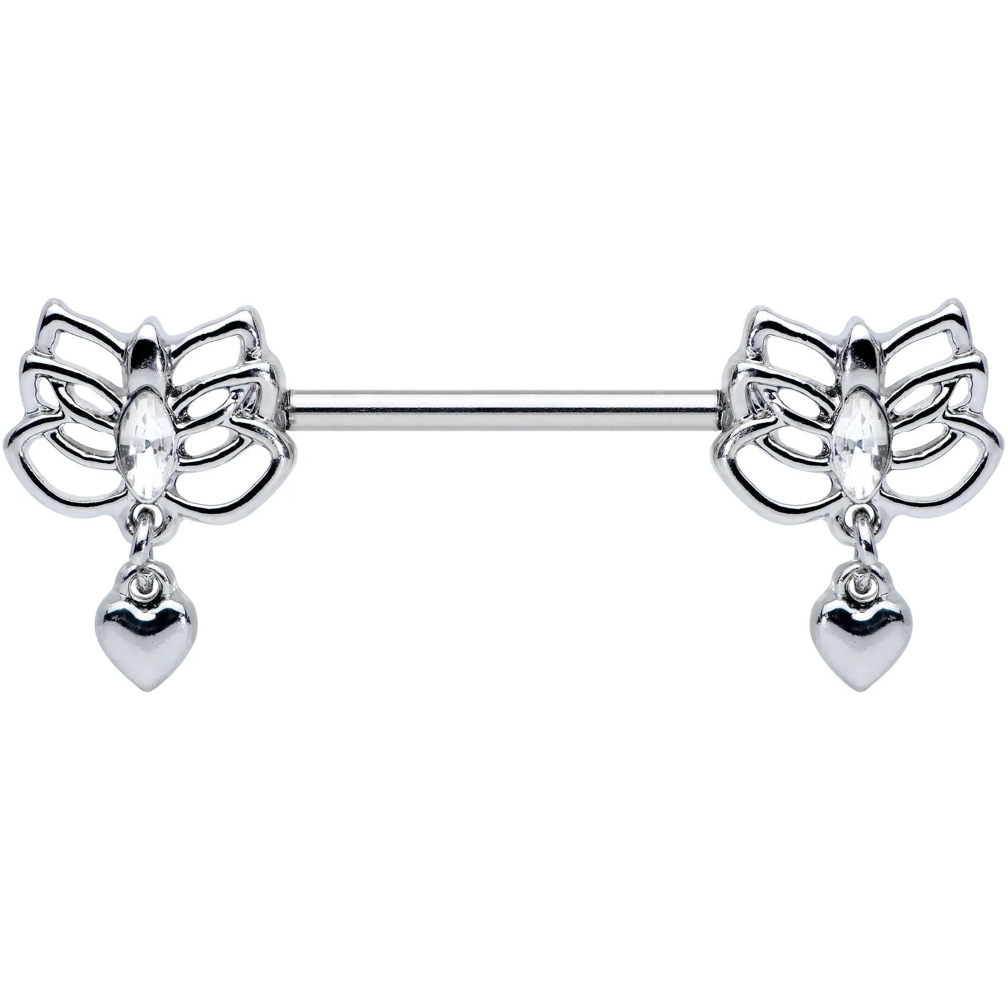 14 Gauge 5/8 Clear Gem Lotus Heart Dangle Barbell Nipple Ring Set