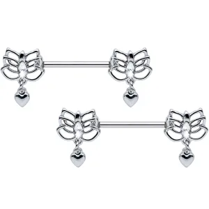 14 Gauge 5/8 Clear Gem Lotus Heart Dangle Barbell Nipple Ring Set