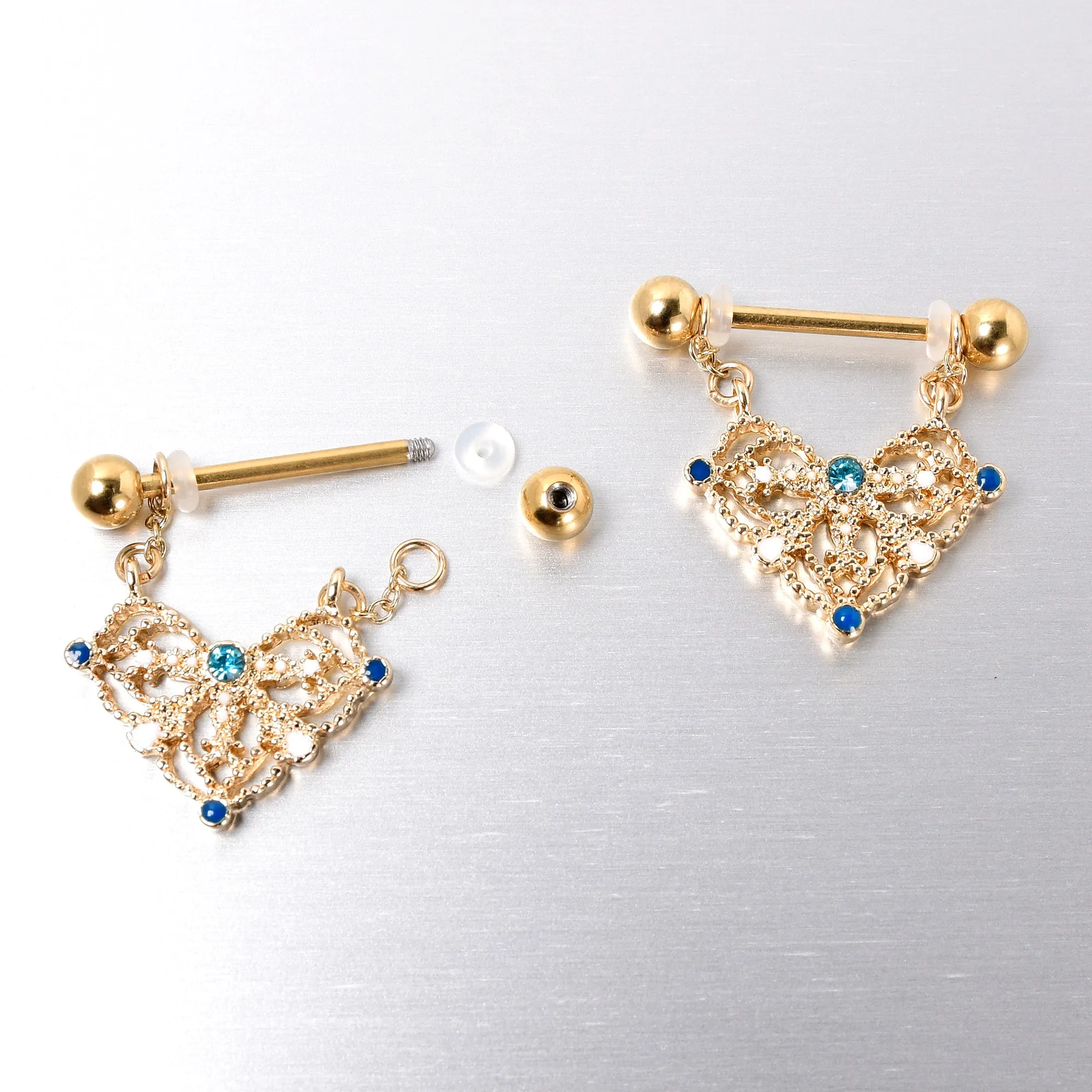 14 Gauge 9/16 Blue Gem Gold Tone Lacy Rhombus Dangle Nipple Ring Set