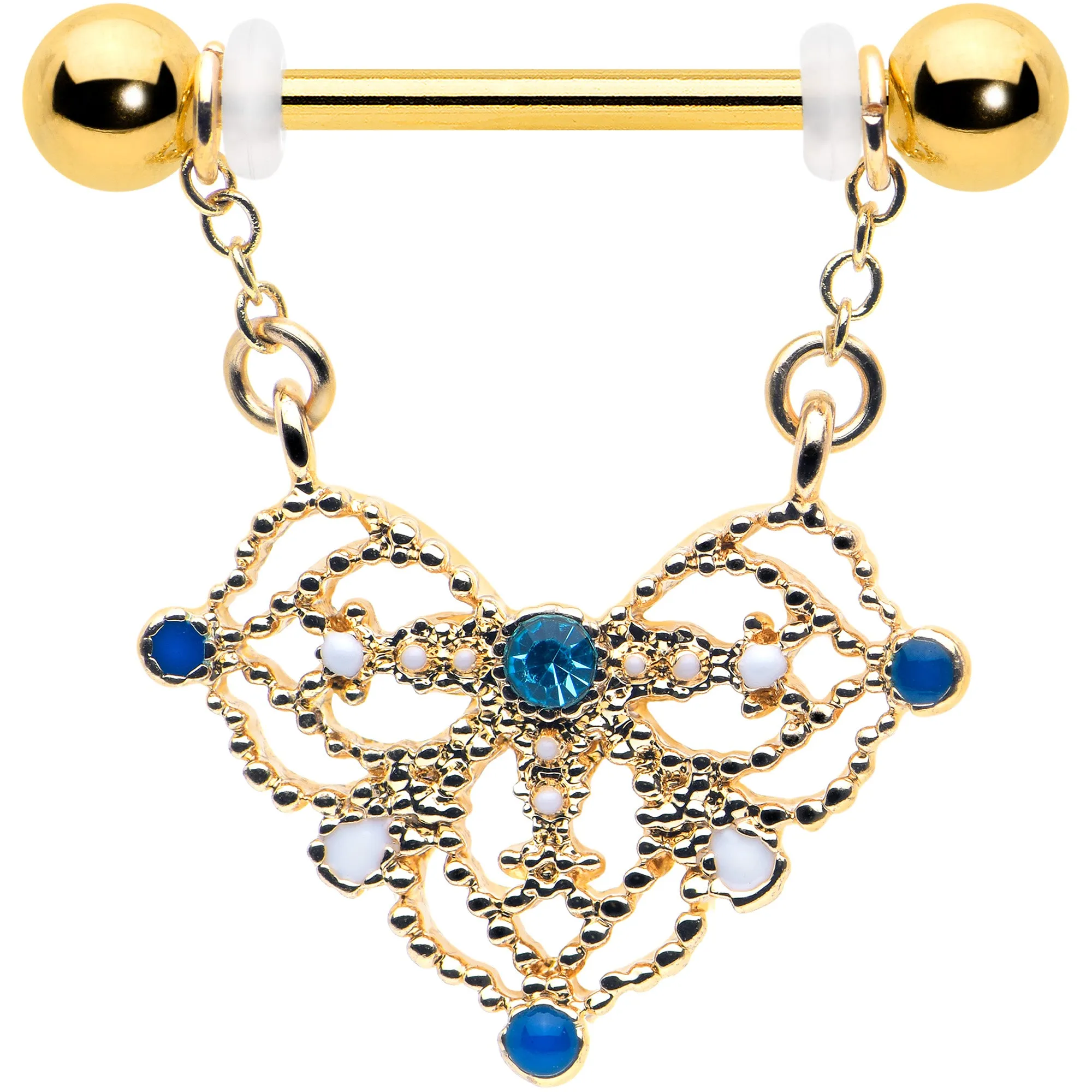 14 Gauge 9/16 Blue Gem Gold Tone Lacy Rhombus Dangle Nipple Ring Set