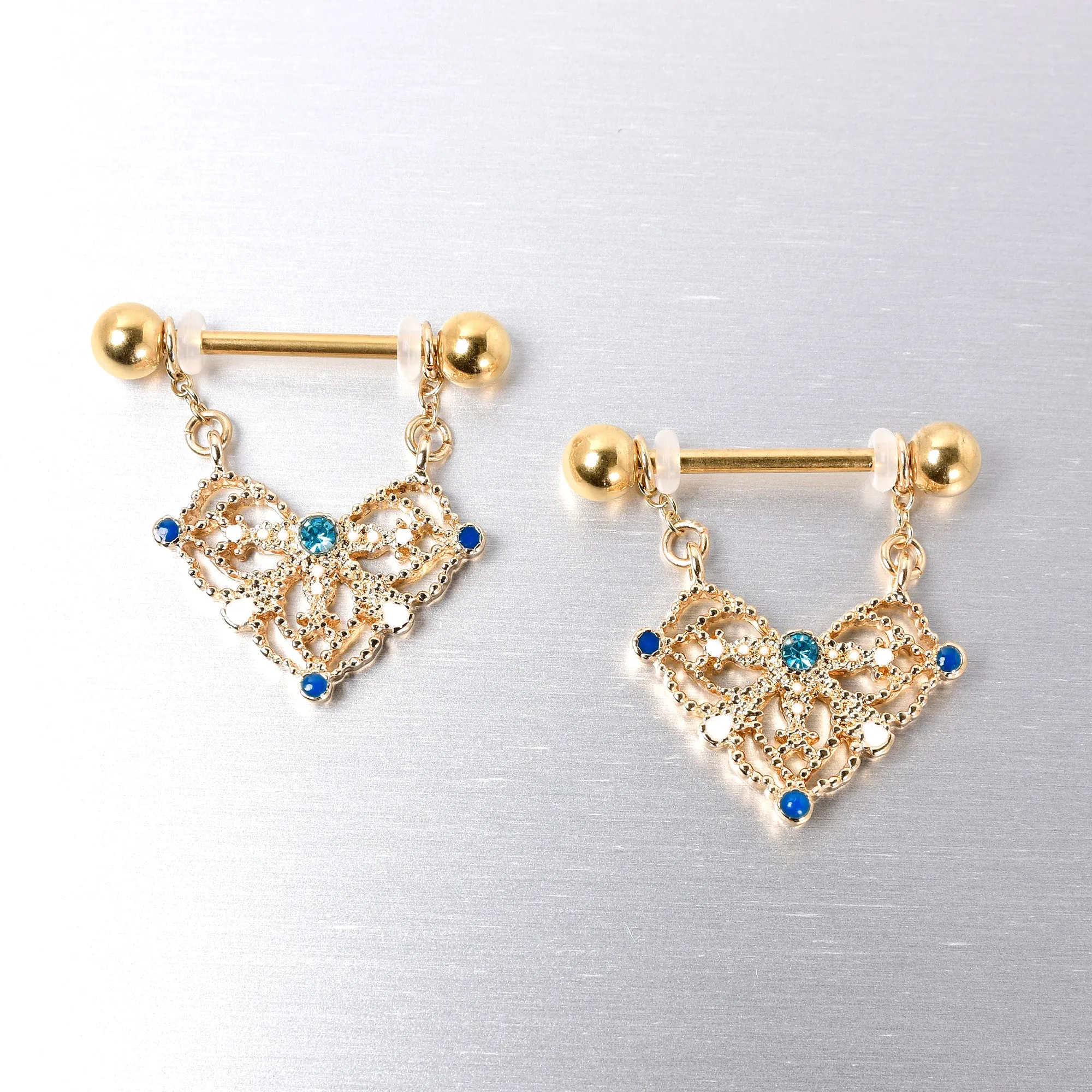 14 Gauge 9/16 Blue Gem Gold Tone Lacy Rhombus Dangle Nipple Ring Set