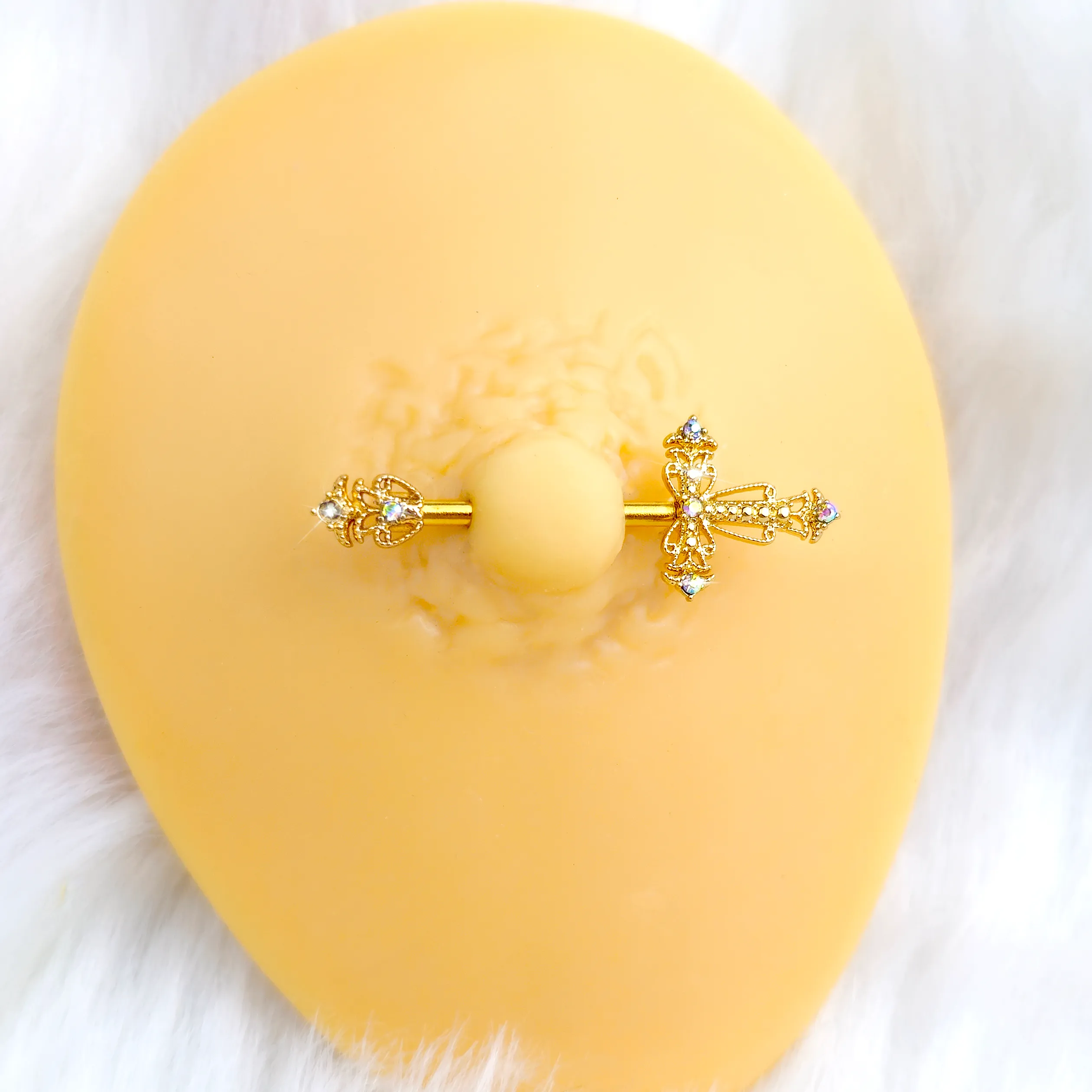 14 Gauge 9/16 Clear CZ Gem Gold Tone Scrolling Cross Nipple Ring Set