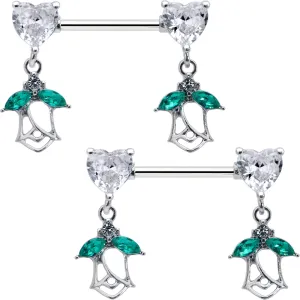 14 Gauge 9/16 Clear CZ Gem Hearts And Roses Dangle Nipple Ring Set