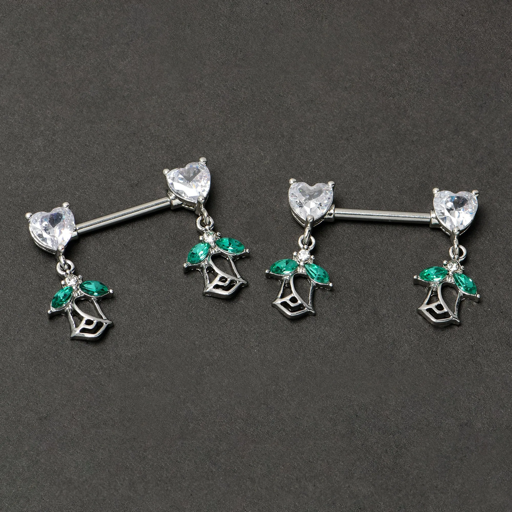 14 Gauge 9/16 Clear CZ Gem Hearts And Roses Dangle Nipple Ring Set
