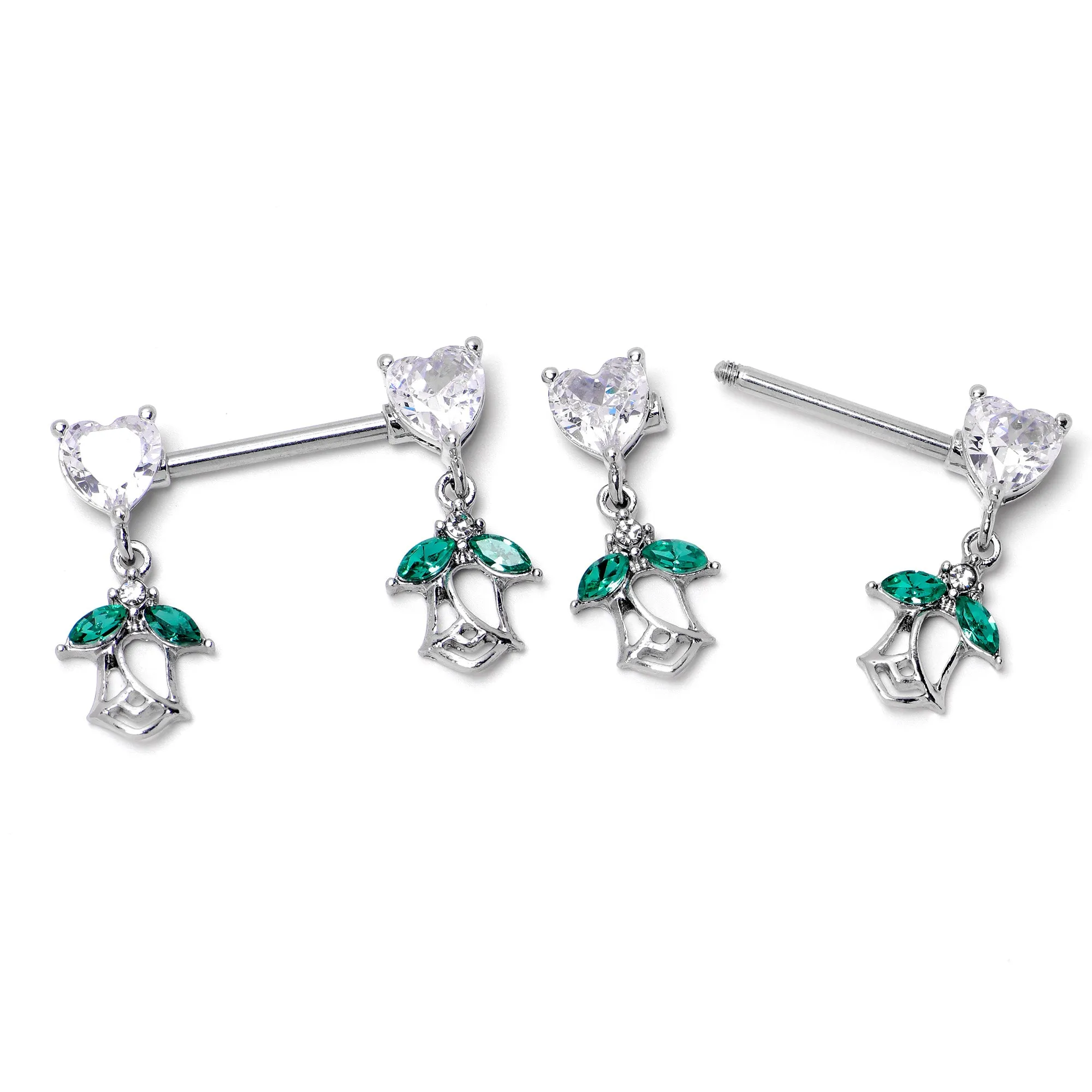 14 Gauge 9/16 Clear CZ Gem Hearts And Roses Dangle Nipple Ring Set