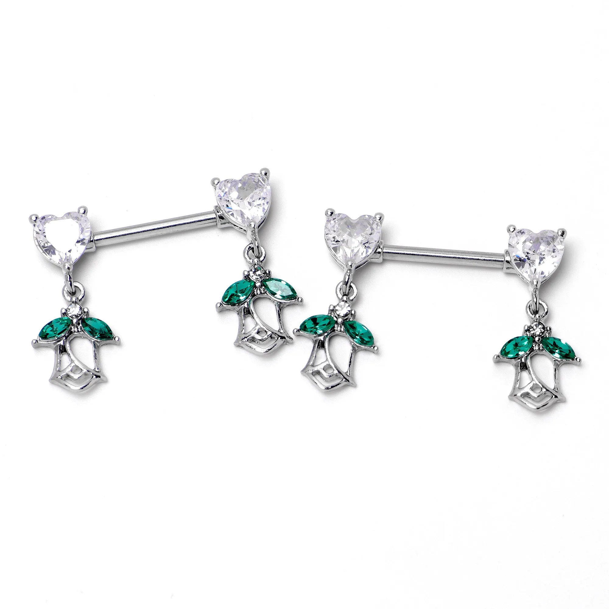 14 Gauge 9/16 Clear CZ Gem Hearts And Roses Dangle Nipple Ring Set