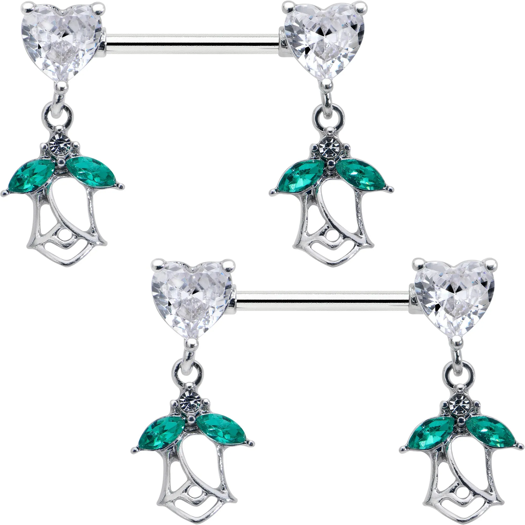 14 Gauge 9/16 Clear CZ Gem Hearts And Roses Dangle Nipple Ring Set