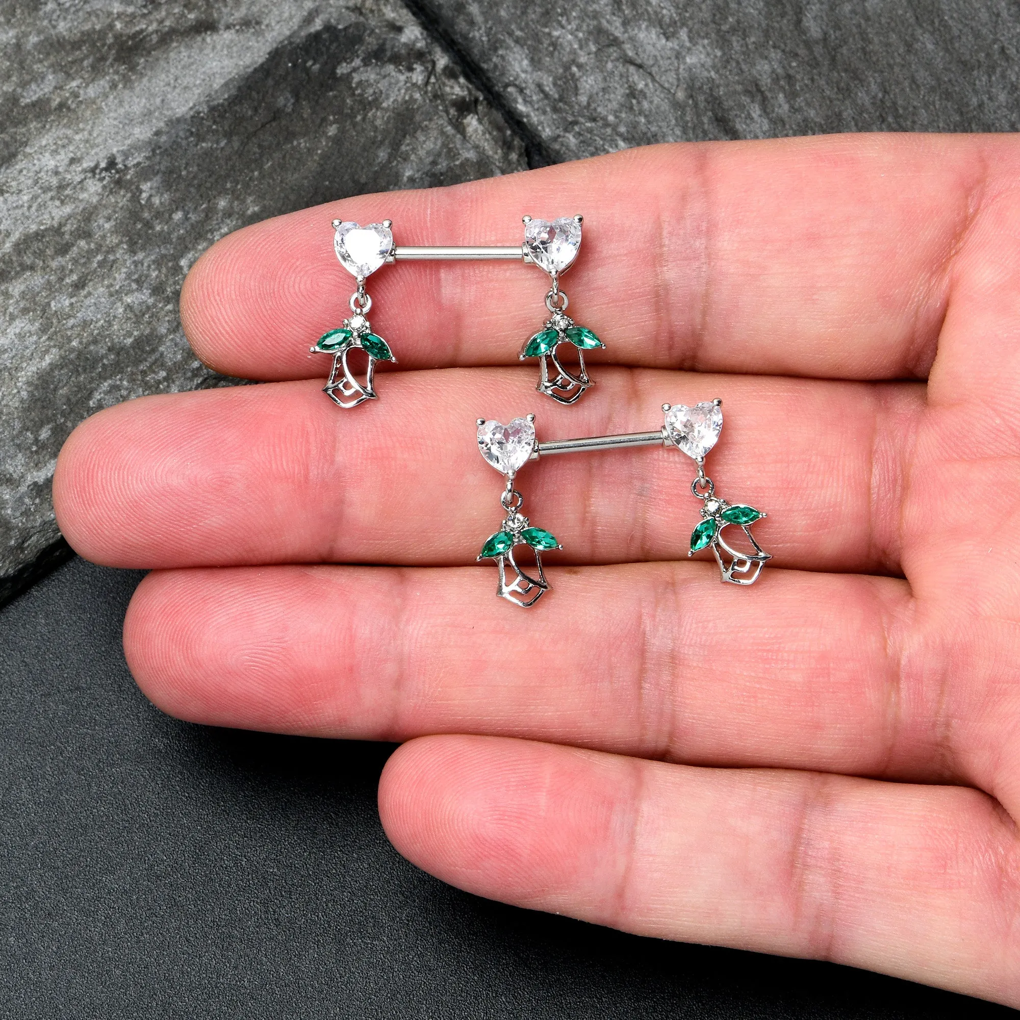 14 Gauge 9/16 Clear CZ Gem Hearts And Roses Dangle Nipple Ring Set