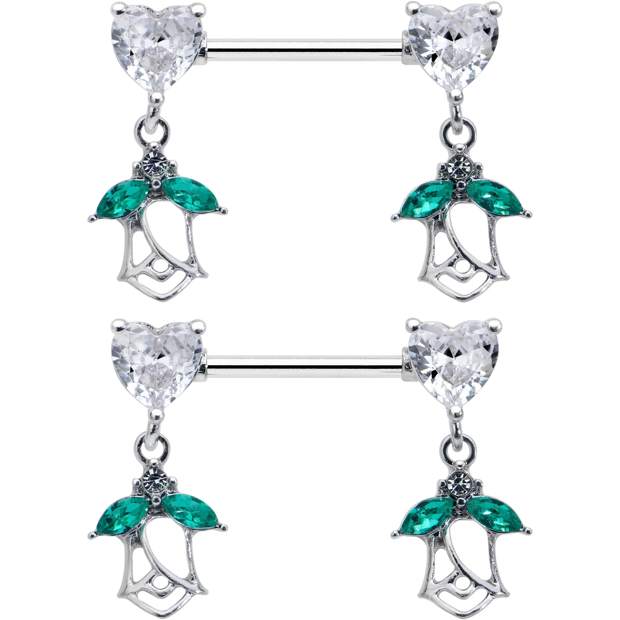 14 Gauge 9/16 Clear CZ Gem Hearts And Roses Dangle Nipple Ring Set