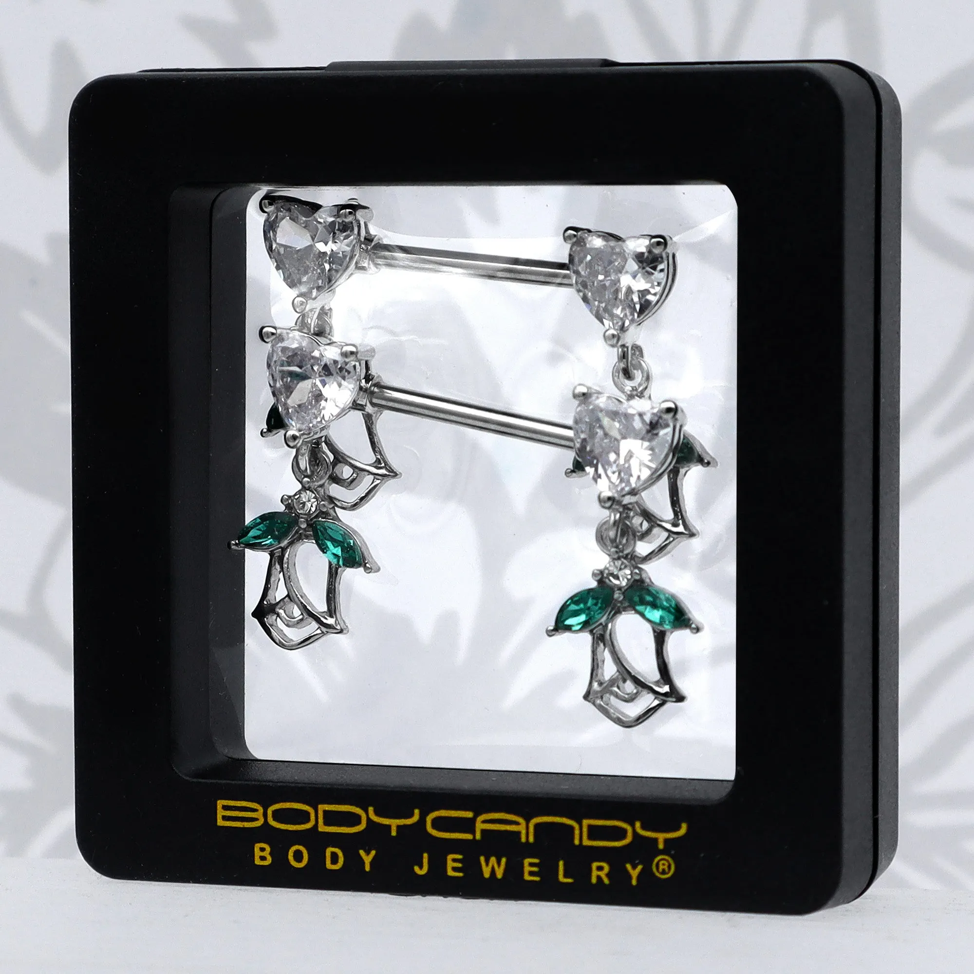 14 Gauge 9/16 Clear CZ Gem Hearts And Roses Dangle Nipple Ring Set