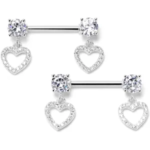 14 Gauge 9/16 Clear CZ Gem Paved Heart Dangle Nipple Ring Set