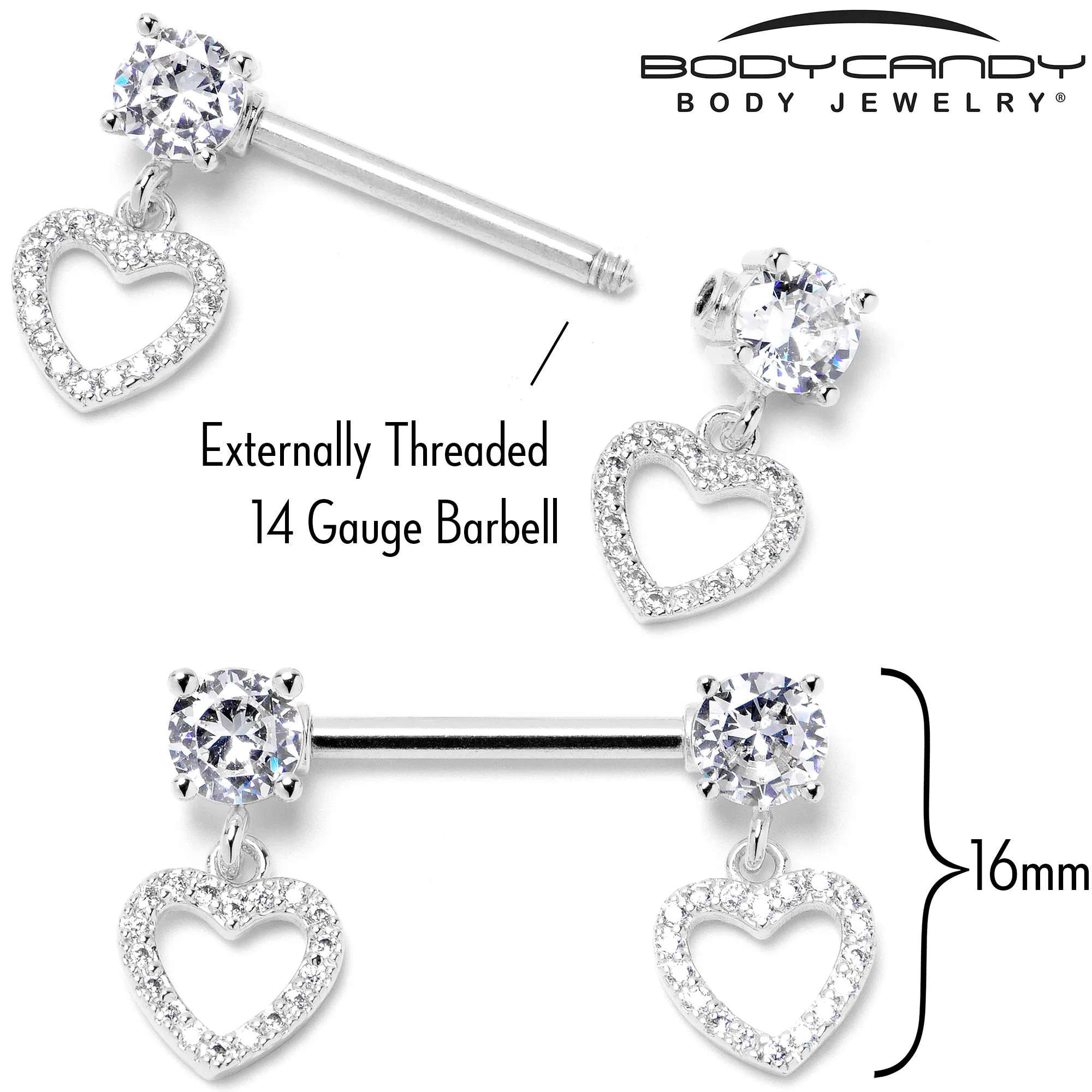14 Gauge 9/16 Clear CZ Gem Paved Heart Dangle Nipple Ring Set