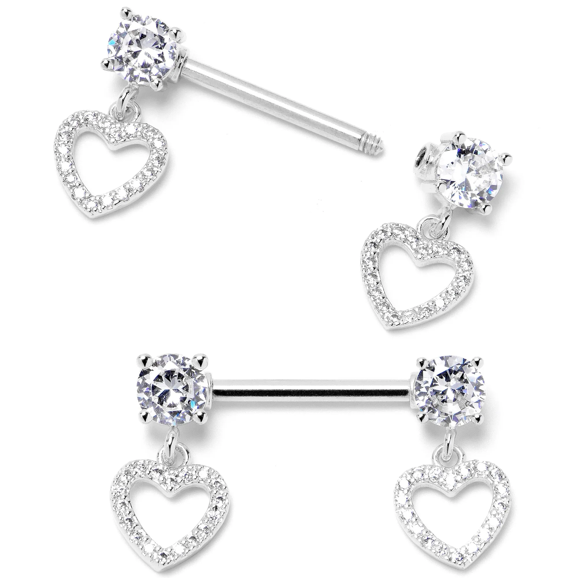 14 Gauge 9/16 Clear CZ Gem Paved Heart Dangle Nipple Ring Set