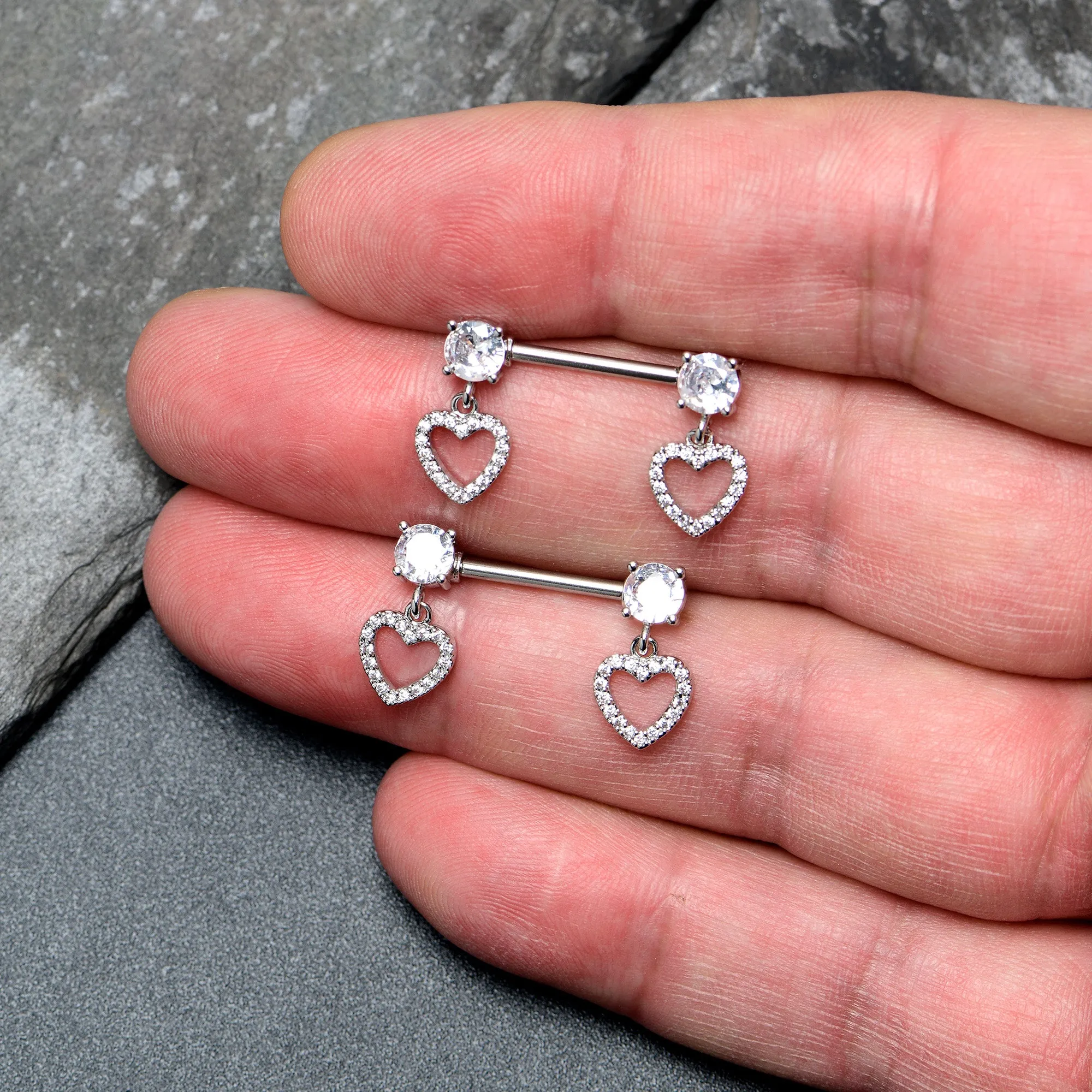14 Gauge 9/16 Clear CZ Gem Paved Heart Dangle Nipple Ring Set