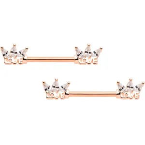 14 Gauge 9/16 Clear Gem Rose Gold Tone Love Barbell Nipple Ring Set
