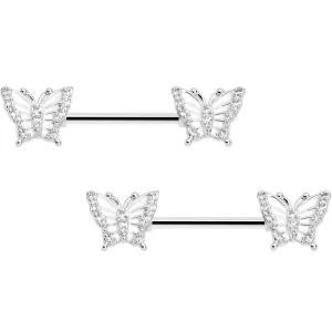 14 Gauge 9/16 CZ Gem Airy Butterfly Barbell Nipple Ring Set