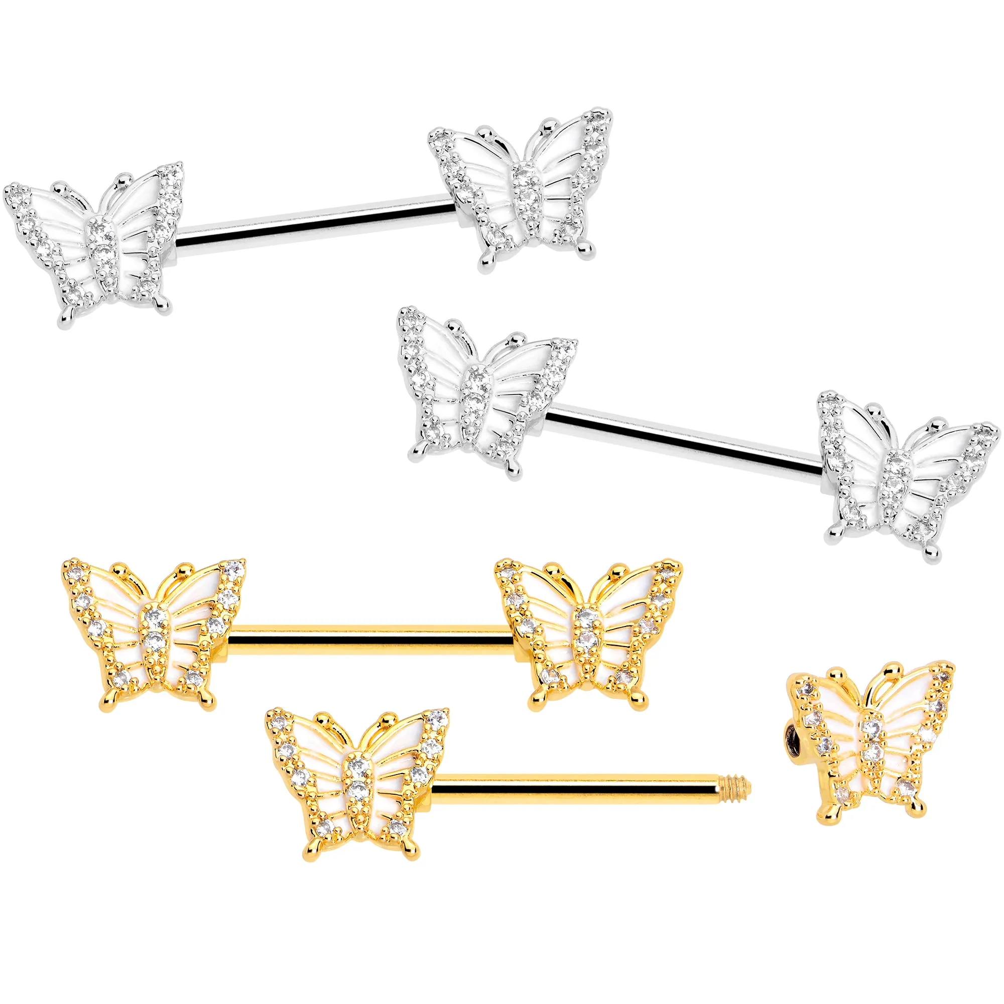 14 Gauge 9/16 CZ Gem Airy Butterfly Barbell Nipple Ring Set