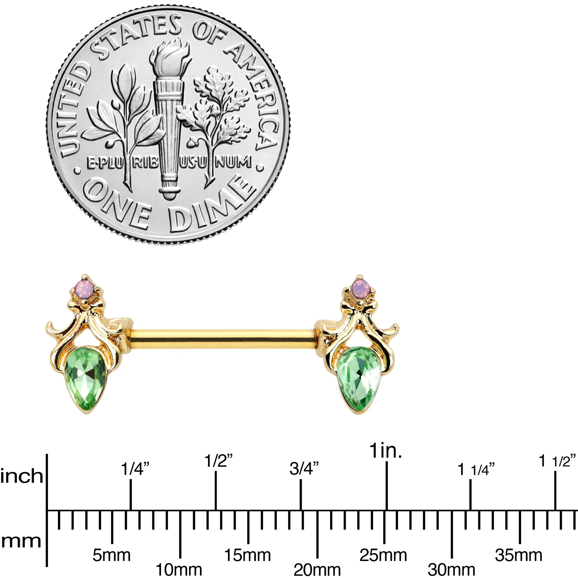 14 Gauge 9/16 Green Gem Gold Hue Spring Shades Barbell Nipple Ring Set