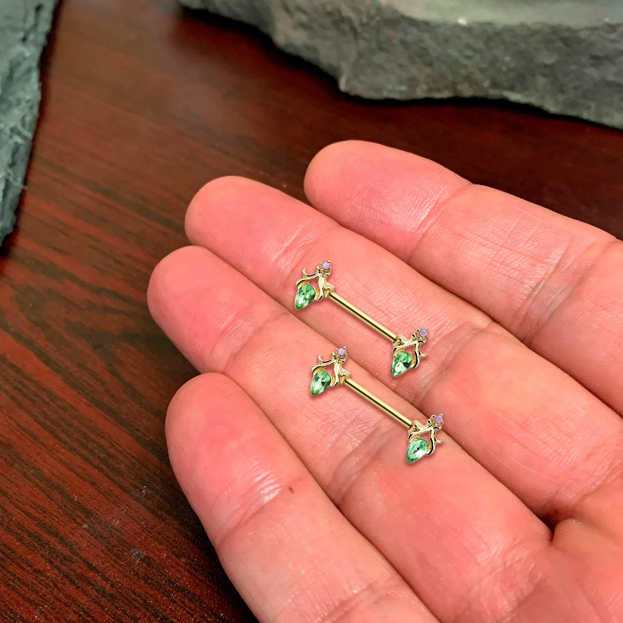 14 Gauge 9/16 Green Gem Gold Hue Spring Shades Barbell Nipple Ring Set