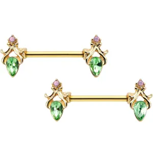 14 Gauge 9/16 Green Gem Gold Hue Spring Shades Barbell Nipple Ring Set