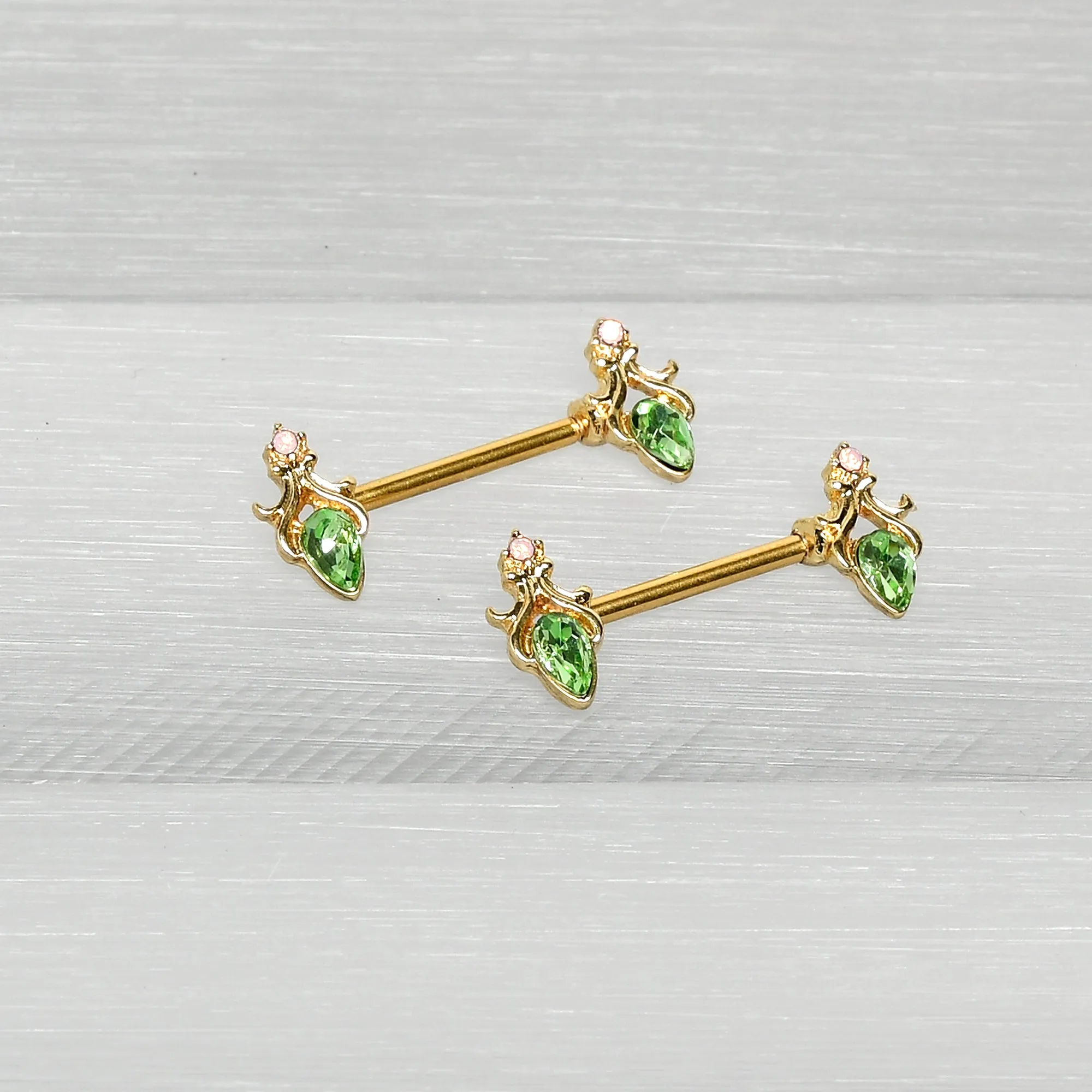 14 Gauge 9/16 Green Gem Gold Hue Spring Shades Barbell Nipple Ring Set