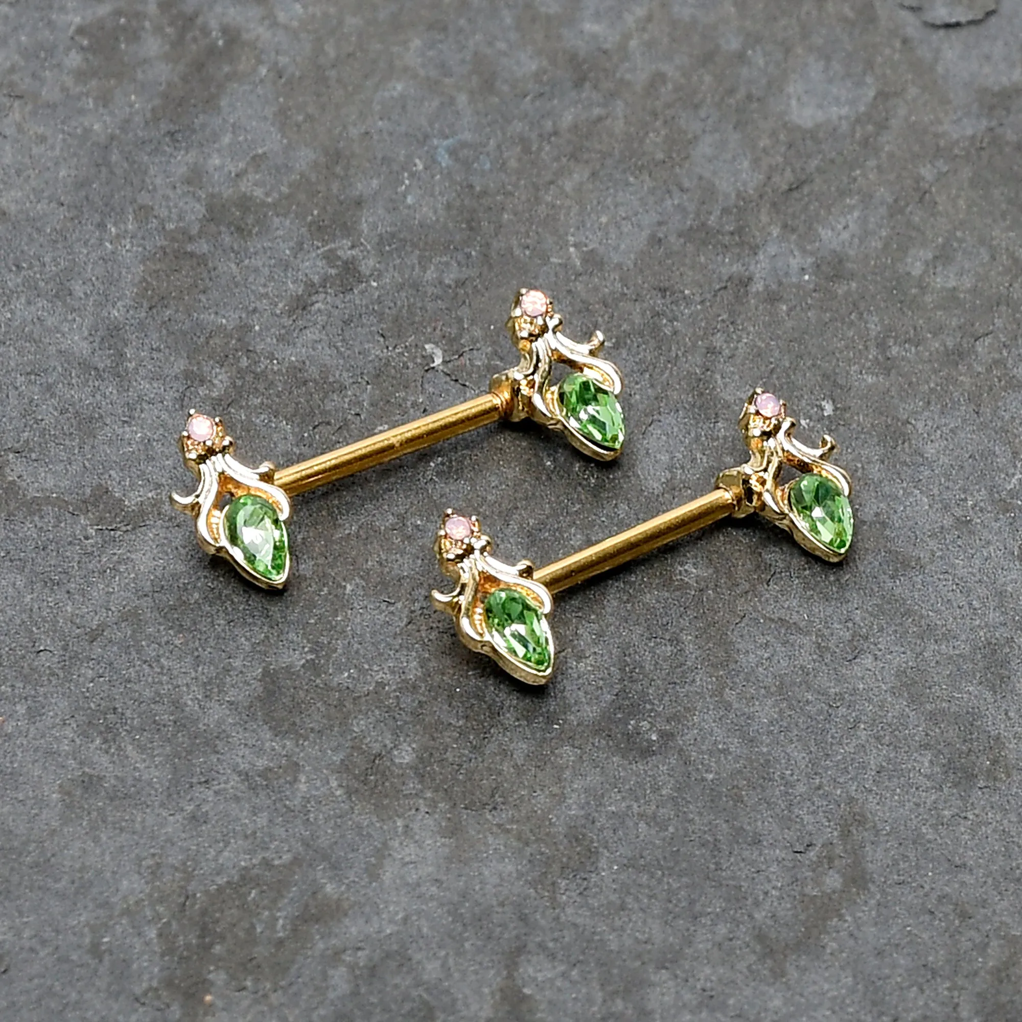 14 Gauge 9/16 Green Gem Gold Hue Spring Shades Barbell Nipple Ring Set