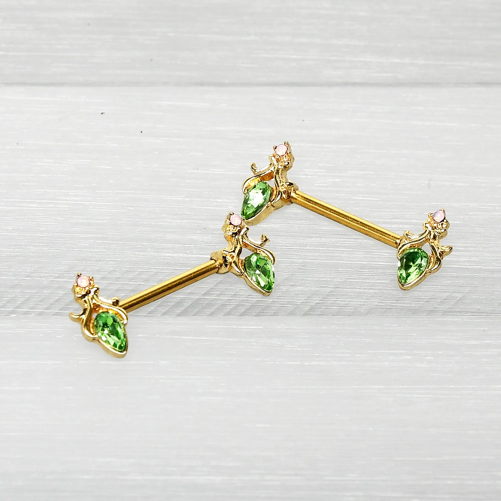 14 Gauge 9/16 Green Gem Gold Hue Spring Shades Barbell Nipple Ring Set