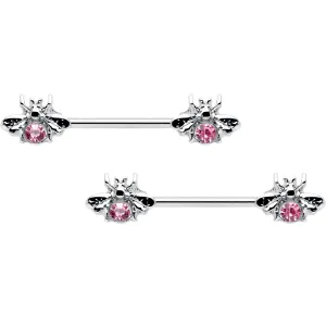 14 Gauge 9/16 Pink Gem Bee Beautiful Insect Barbell Nipple Ring Set
