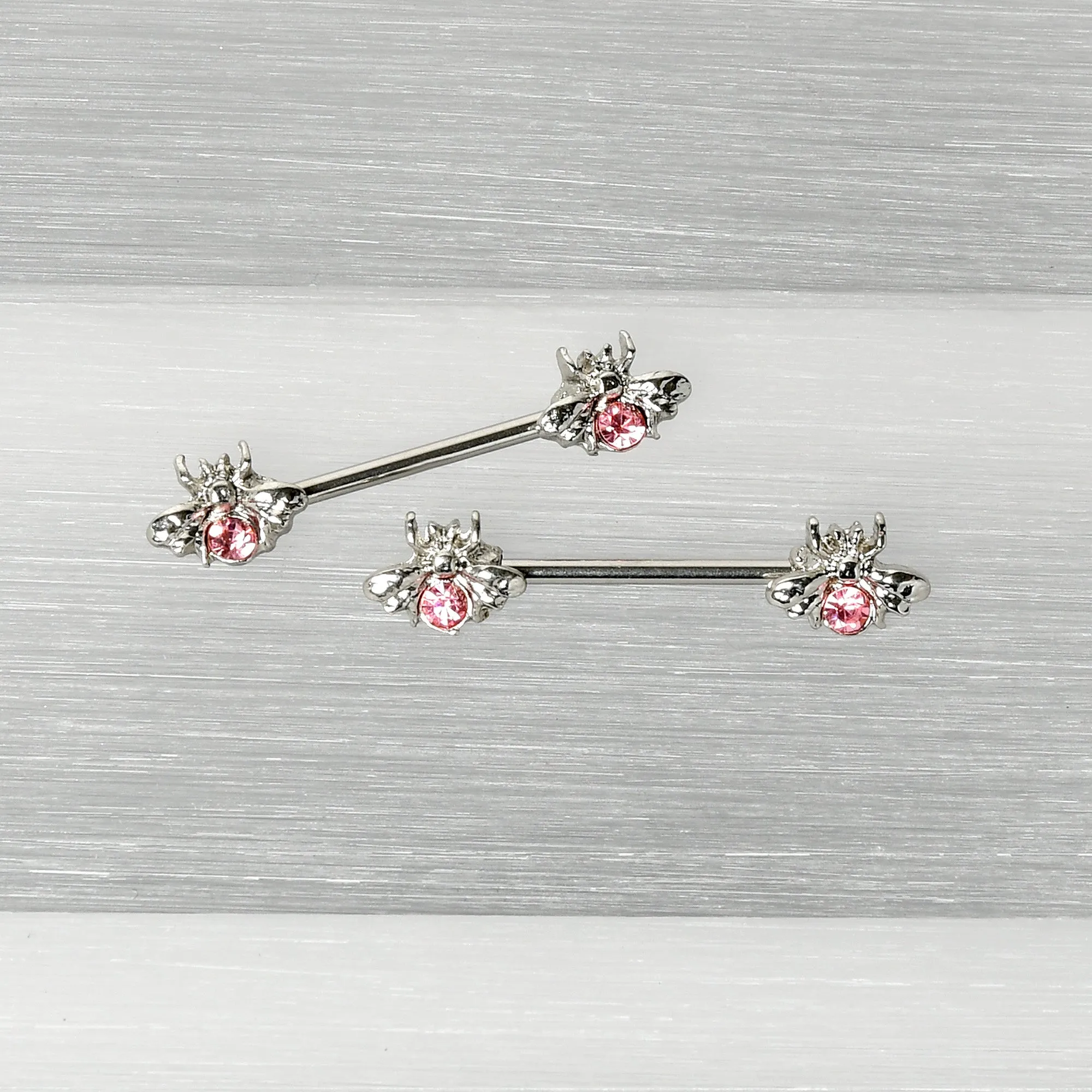 14 Gauge 9/16 Pink Gem Bee Beautiful Insect Barbell Nipple Ring Set