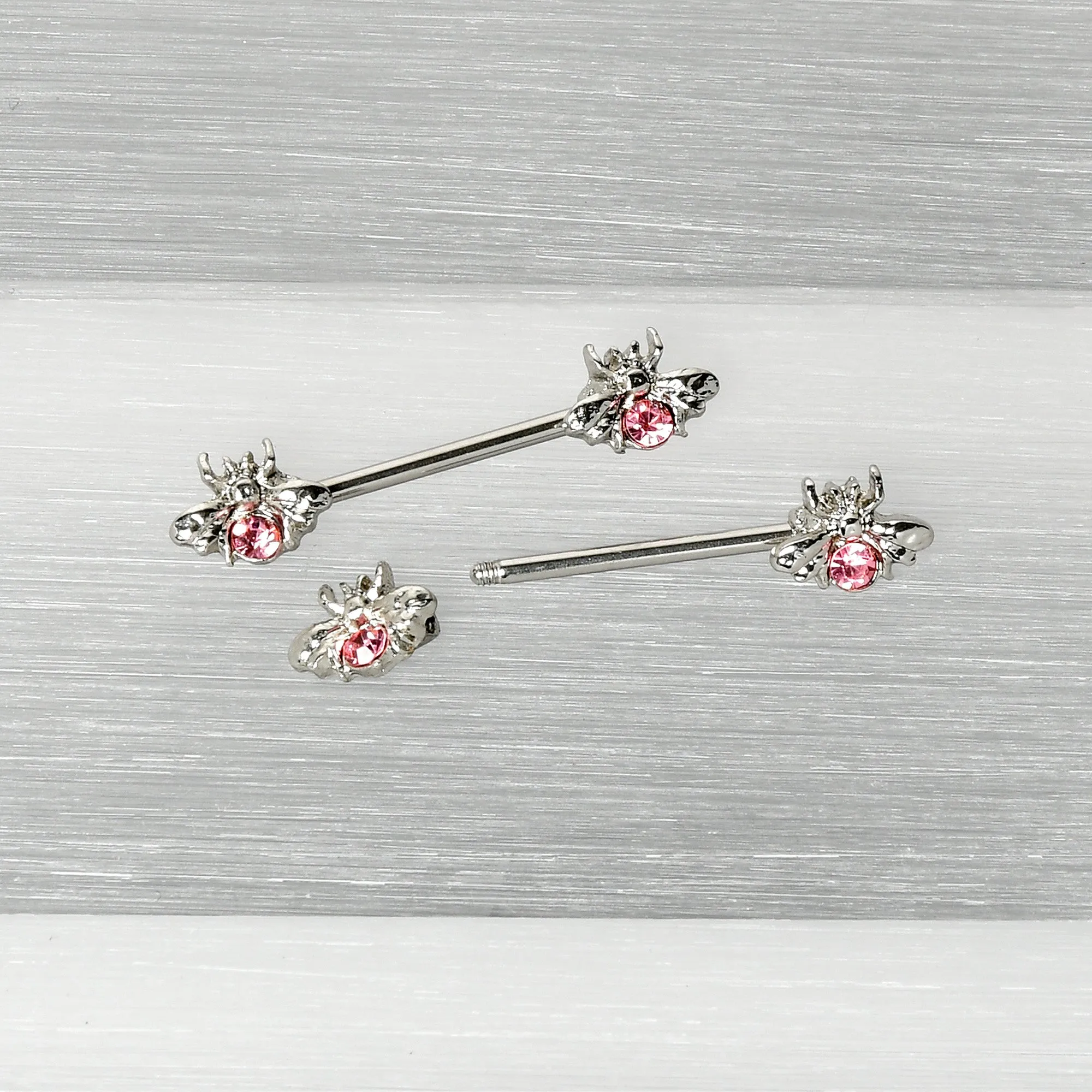 14 Gauge 9/16 Pink Gem Bee Beautiful Insect Barbell Nipple Ring Set