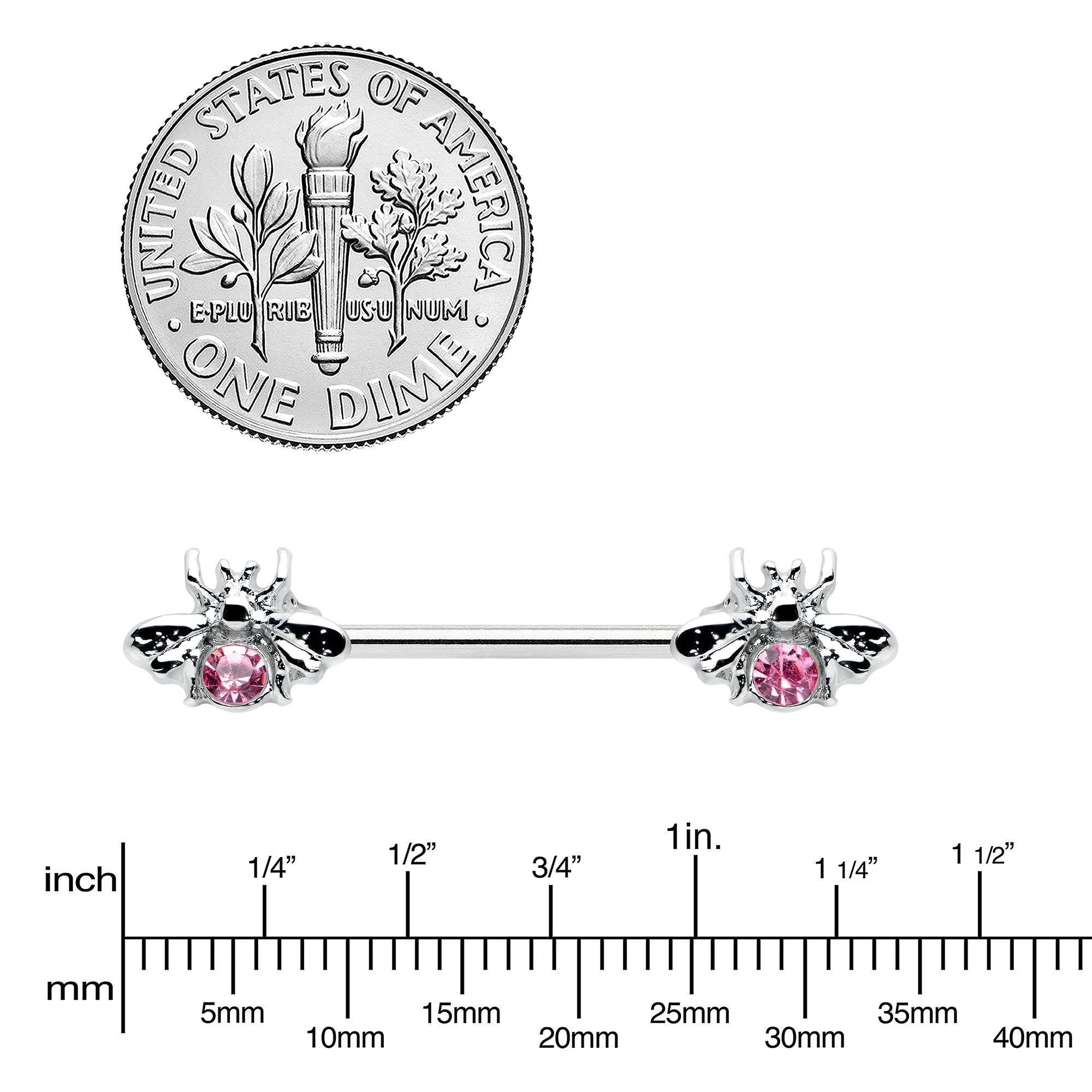 14 Gauge 9/16 Pink Gem Bee Beautiful Insect Barbell Nipple Ring Set
