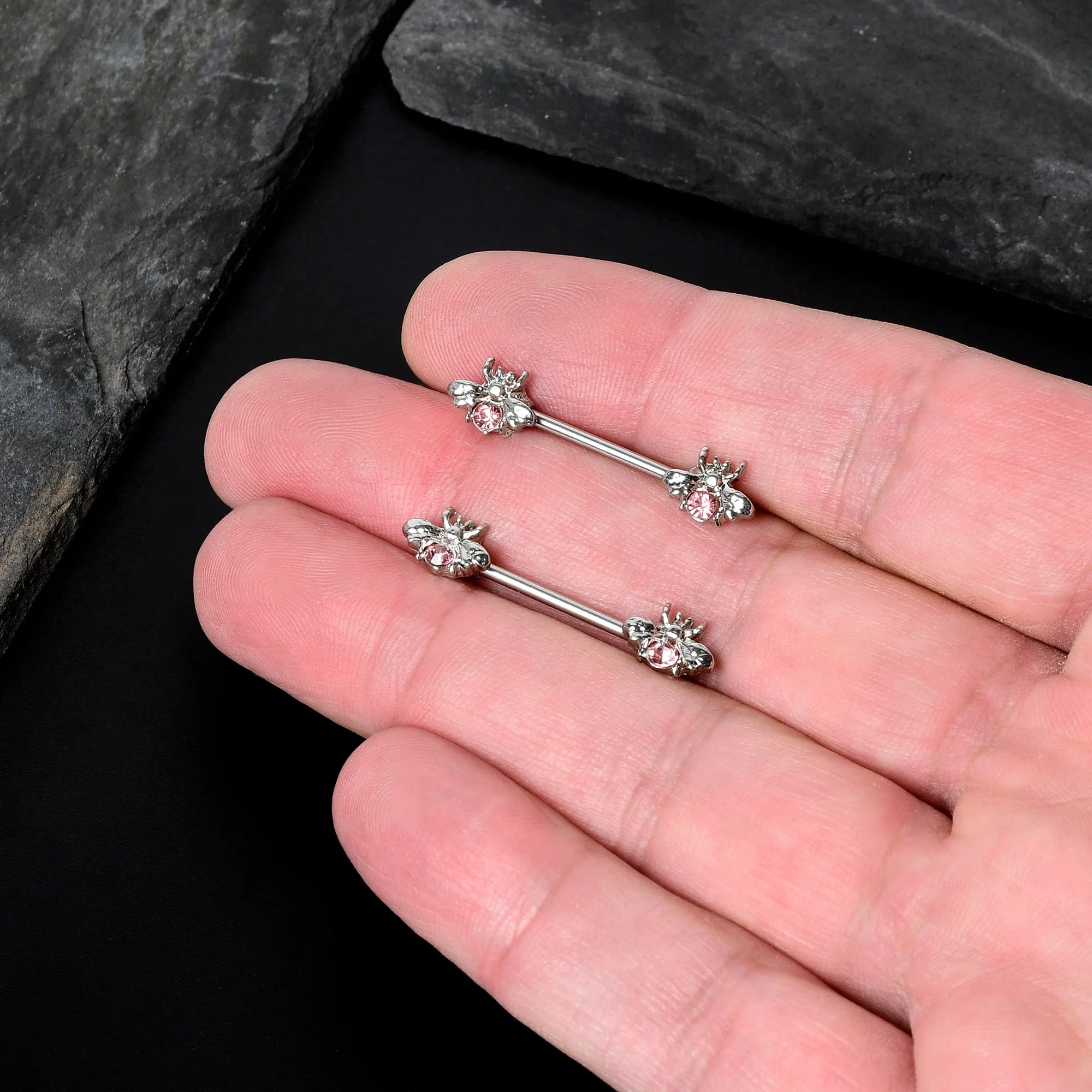 14 Gauge 9/16 Pink Gem Bee Beautiful Insect Barbell Nipple Ring Set