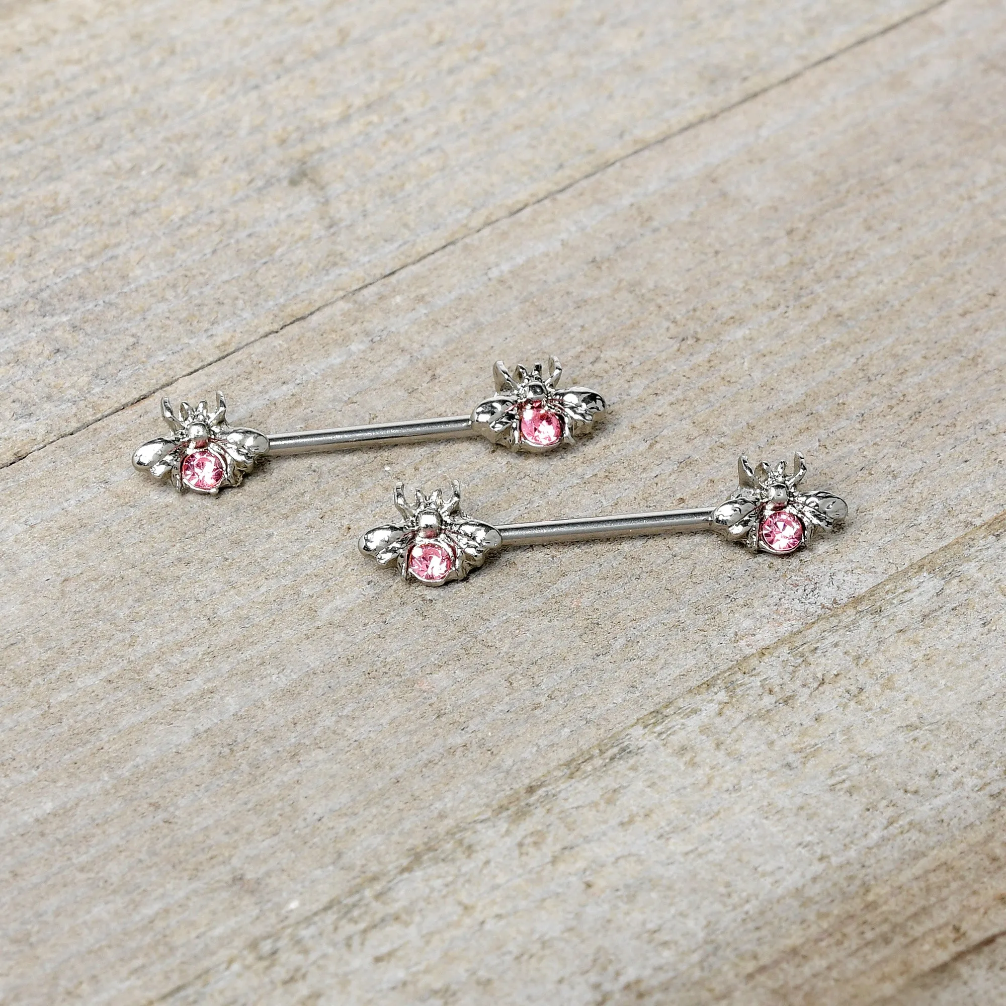 14 Gauge 9/16 Pink Gem Bee Beautiful Insect Barbell Nipple Ring Set