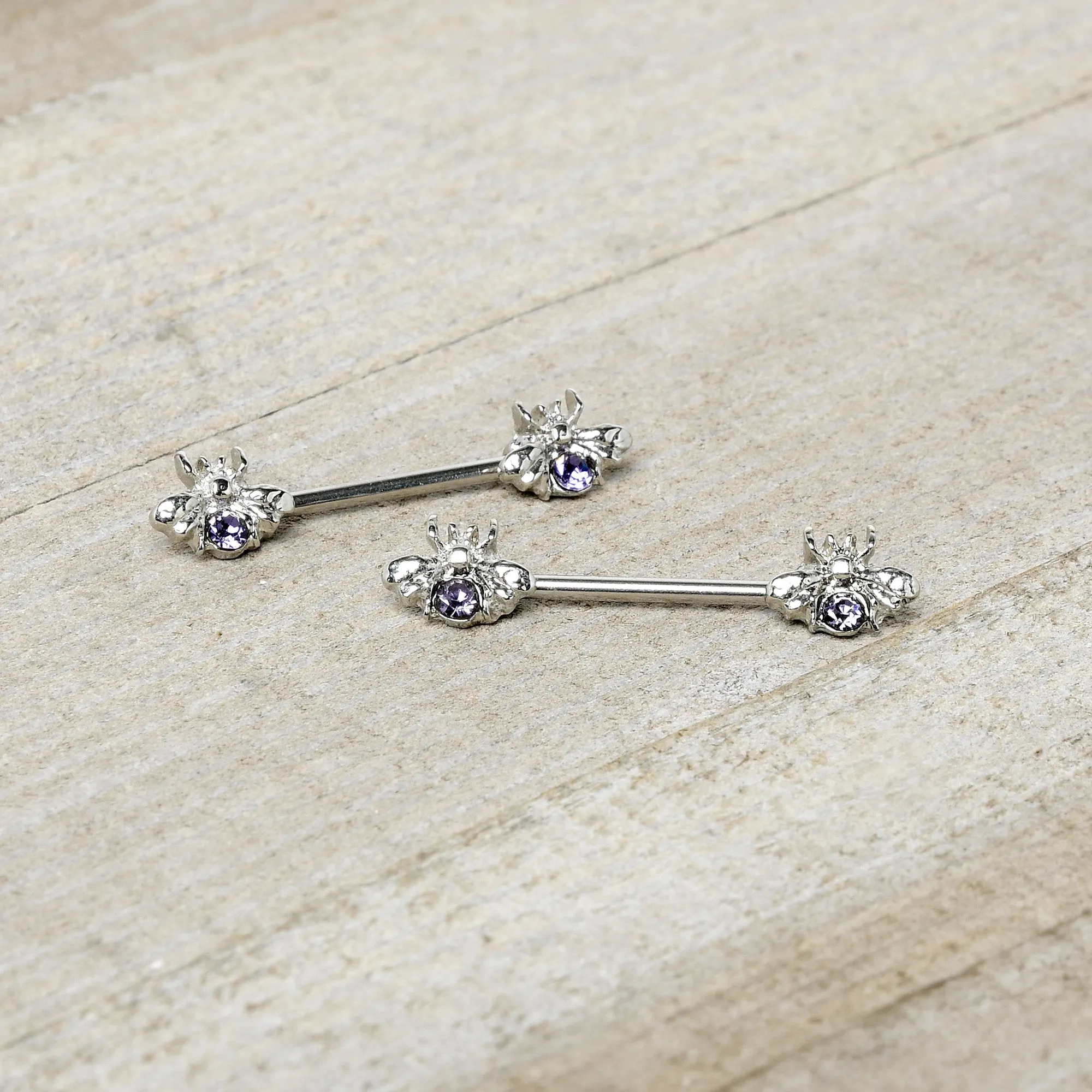 14 Gauge 9/16 Purple Gem Bee Beautiful Insect Barbell Nipple Ring Set