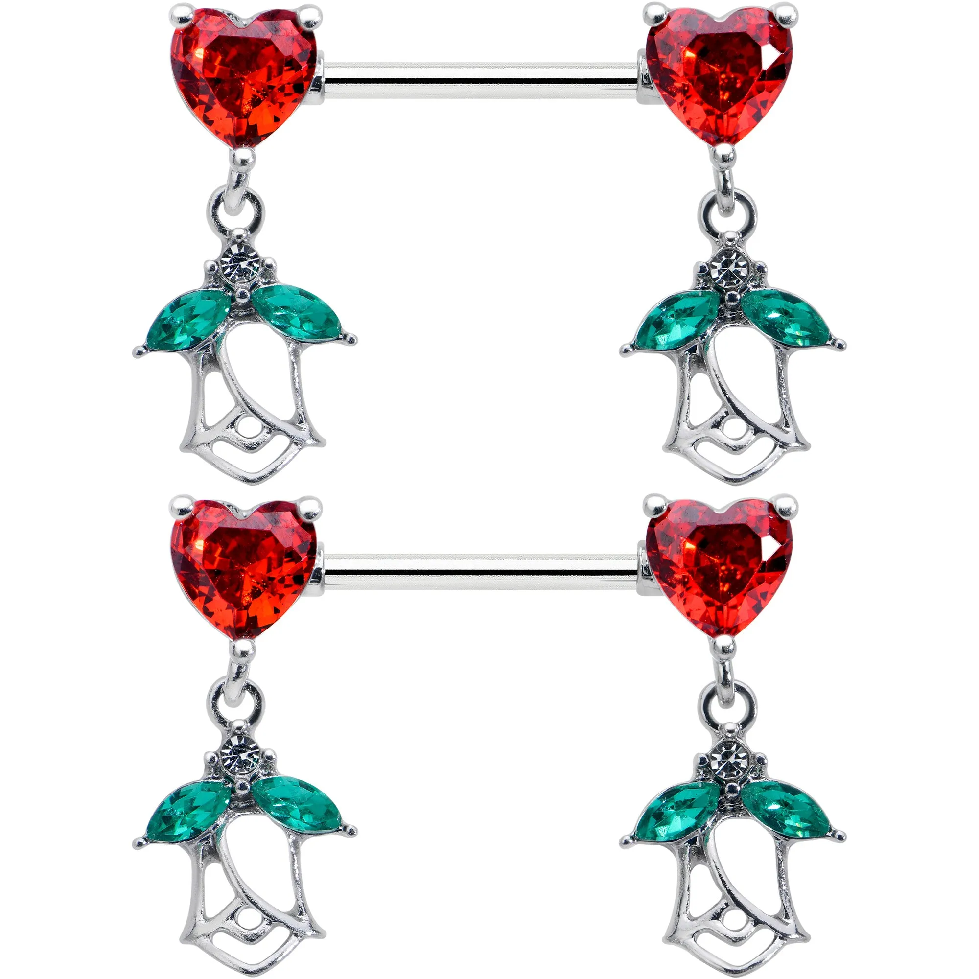14 Gauge 9/16 Red CZ Gem Hearts And Roses Dangle Nipple Ring Set