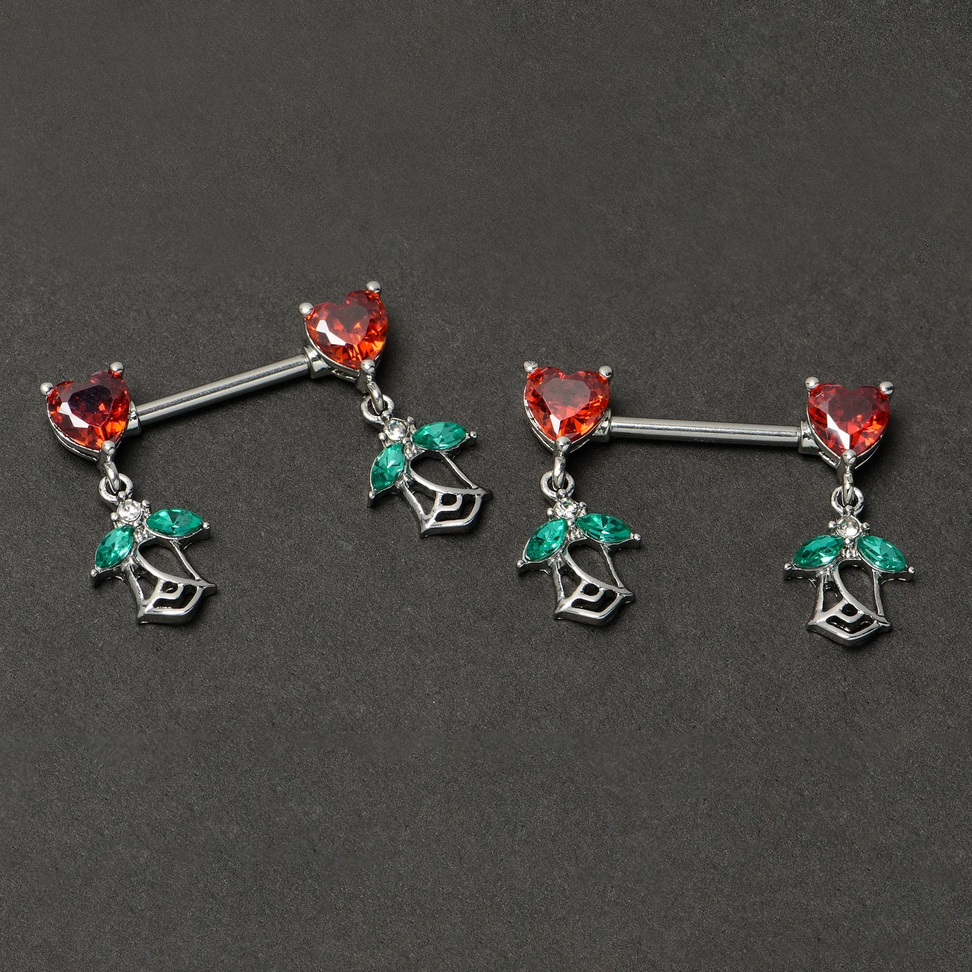 14 Gauge 9/16 Red CZ Gem Hearts And Roses Dangle Nipple Ring Set