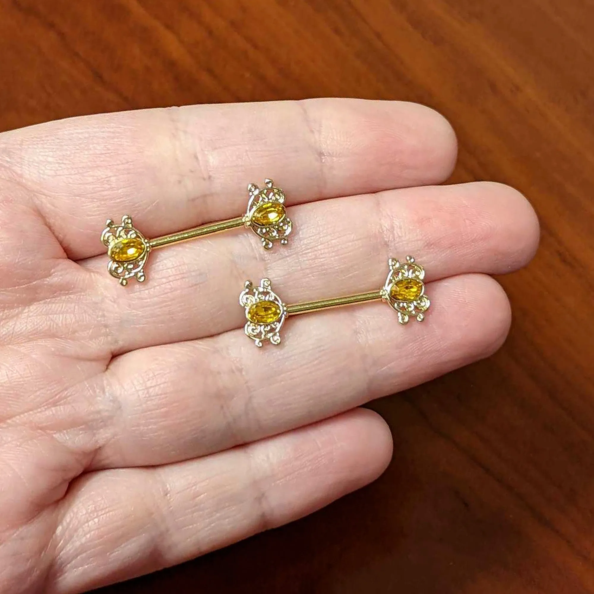 14 Gauge 9/16 Yellow Gem Gold Hue Duet Scroll Barbell Nipple Ring Set
