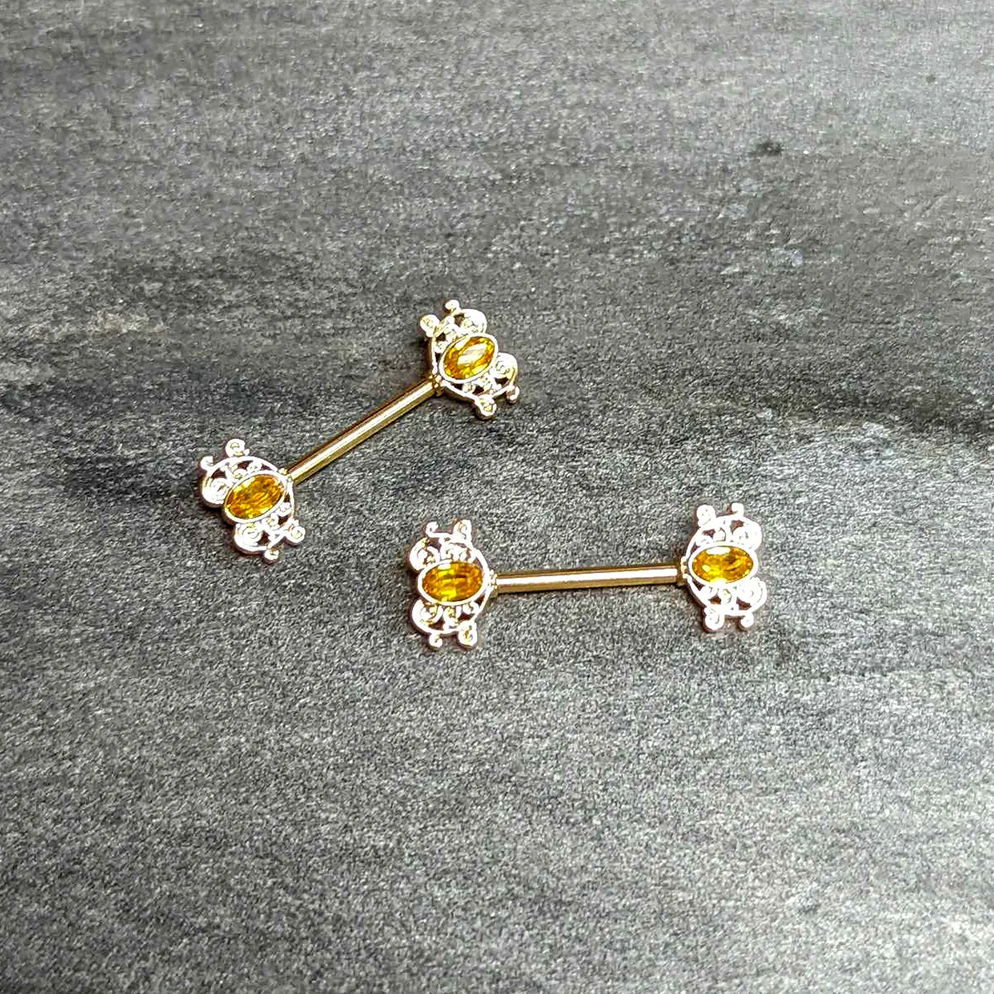 14 Gauge 9/16 Yellow Gem Gold Hue Duet Scroll Barbell Nipple Ring Set