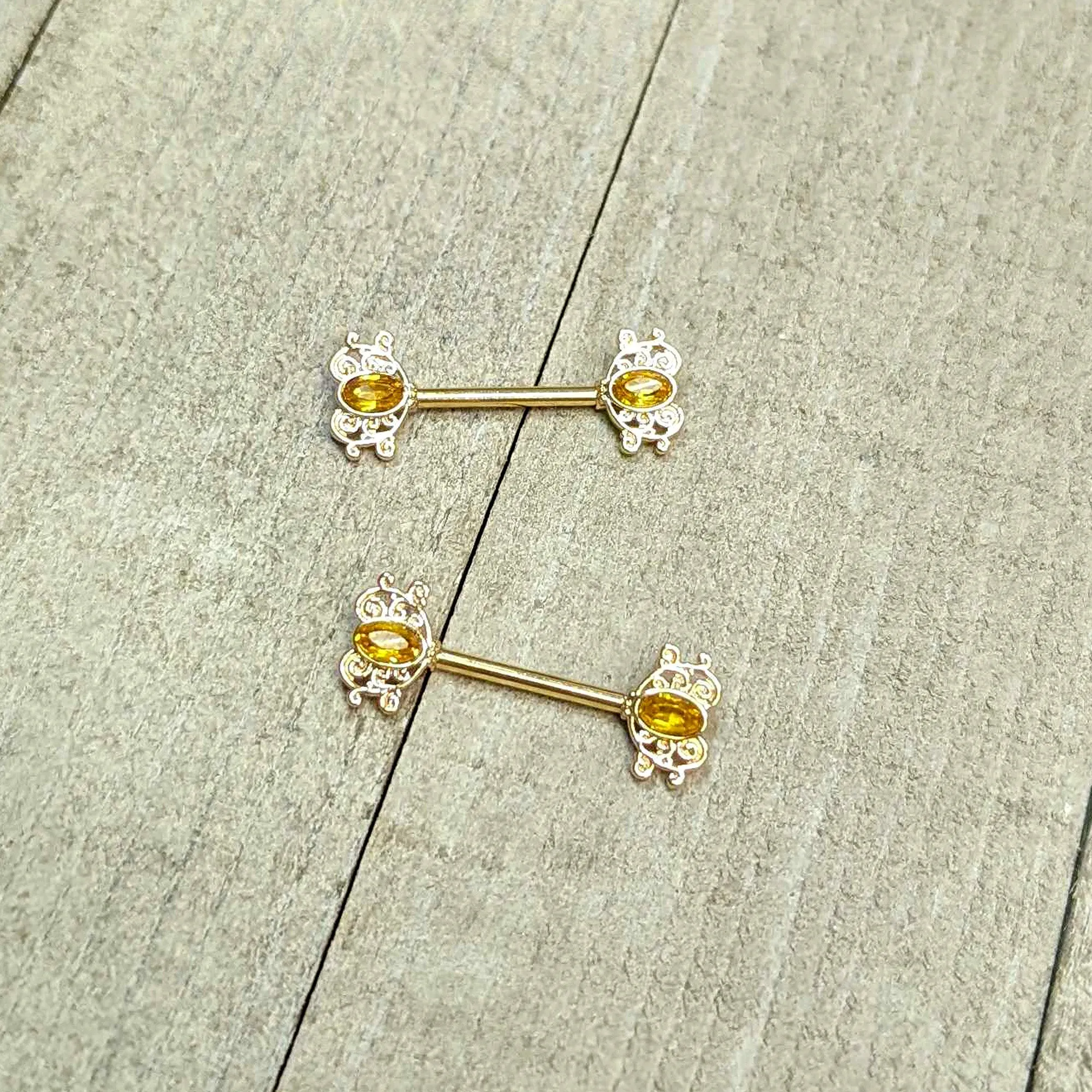 14 Gauge 9/16 Yellow Gem Gold Hue Duet Scroll Barbell Nipple Ring Set