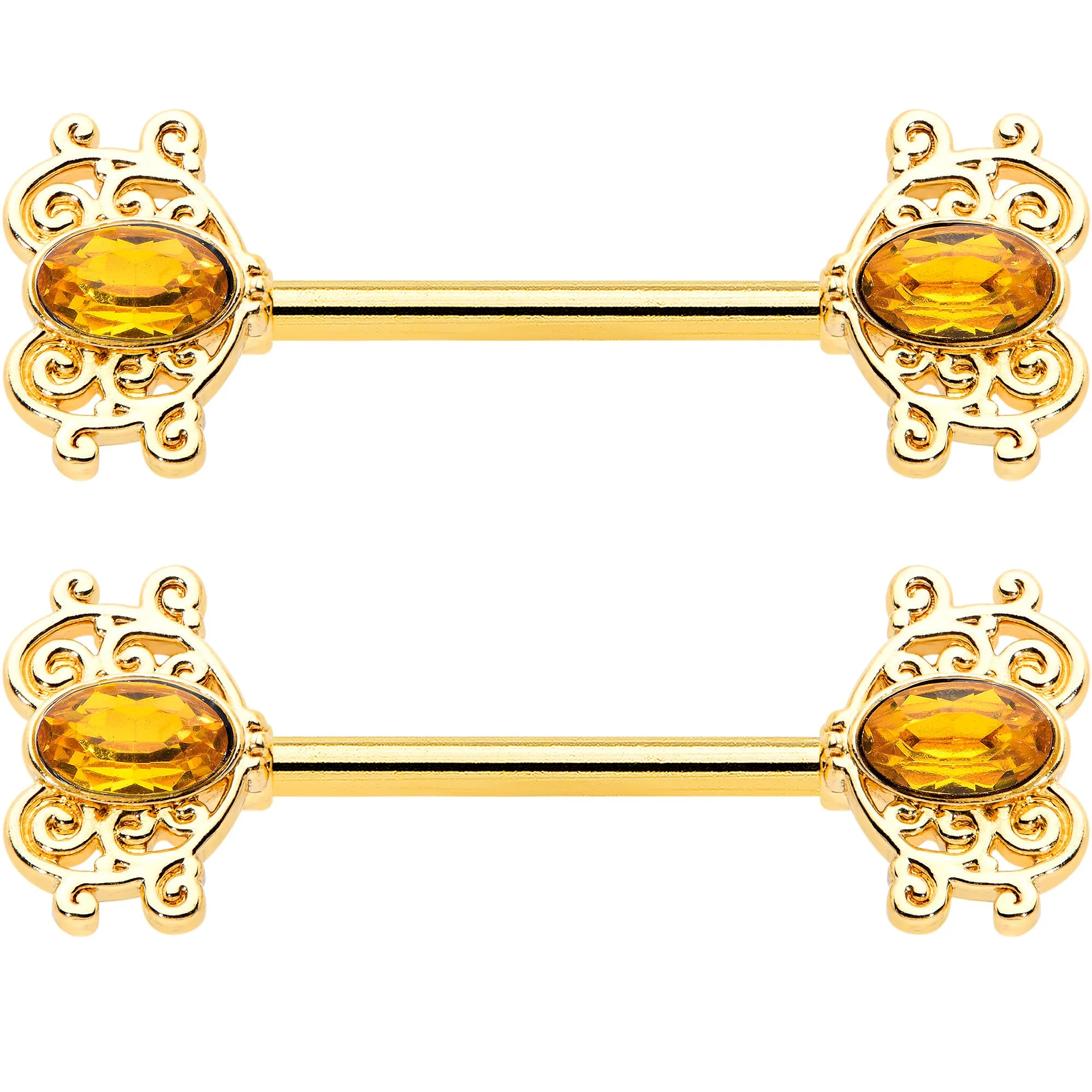 14 Gauge 9/16 Yellow Gem Gold Hue Duet Scroll Barbell Nipple Ring Set
