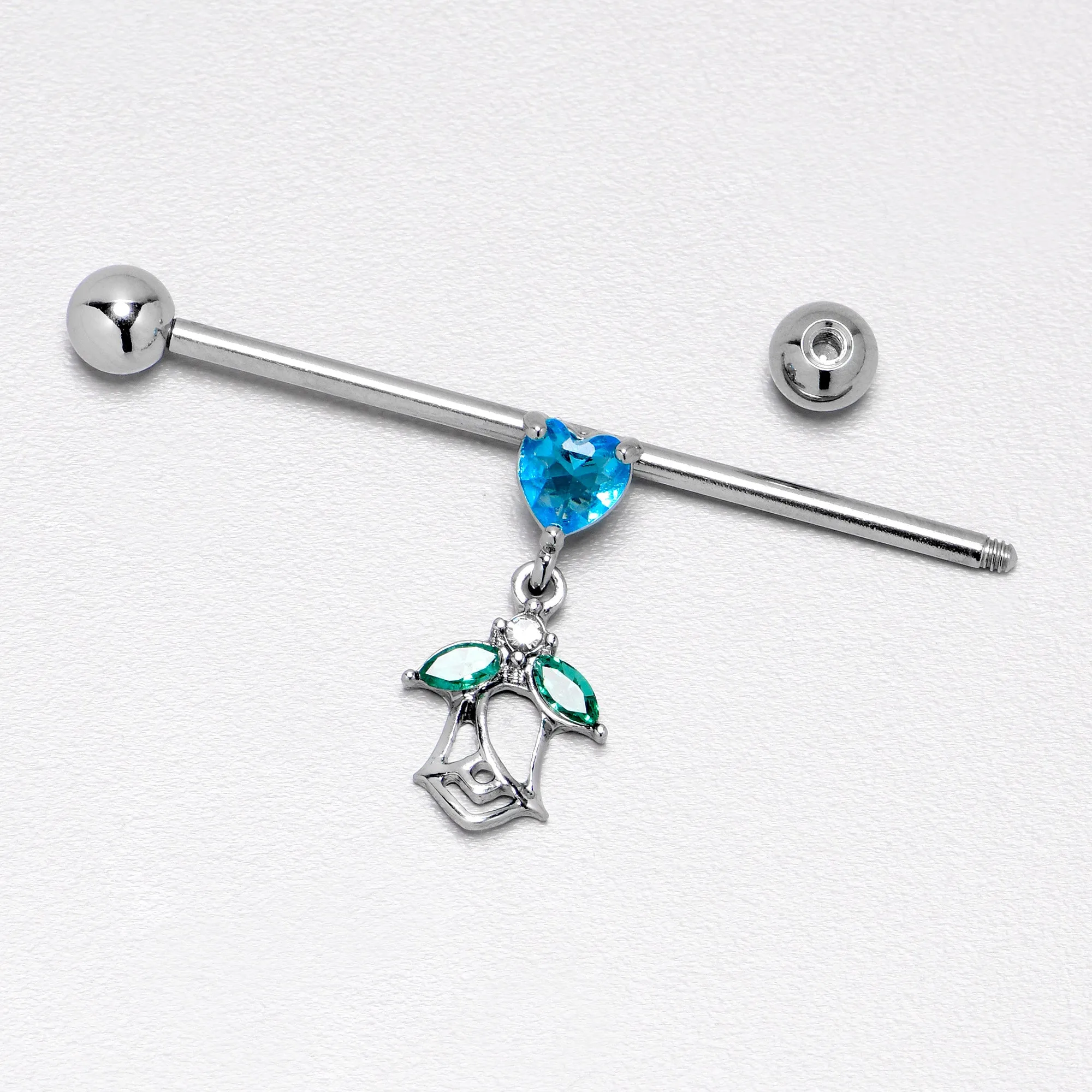 14 Gauge Blue CZ Gem Heart And Rose Dangle Industrial Barbell 38mm