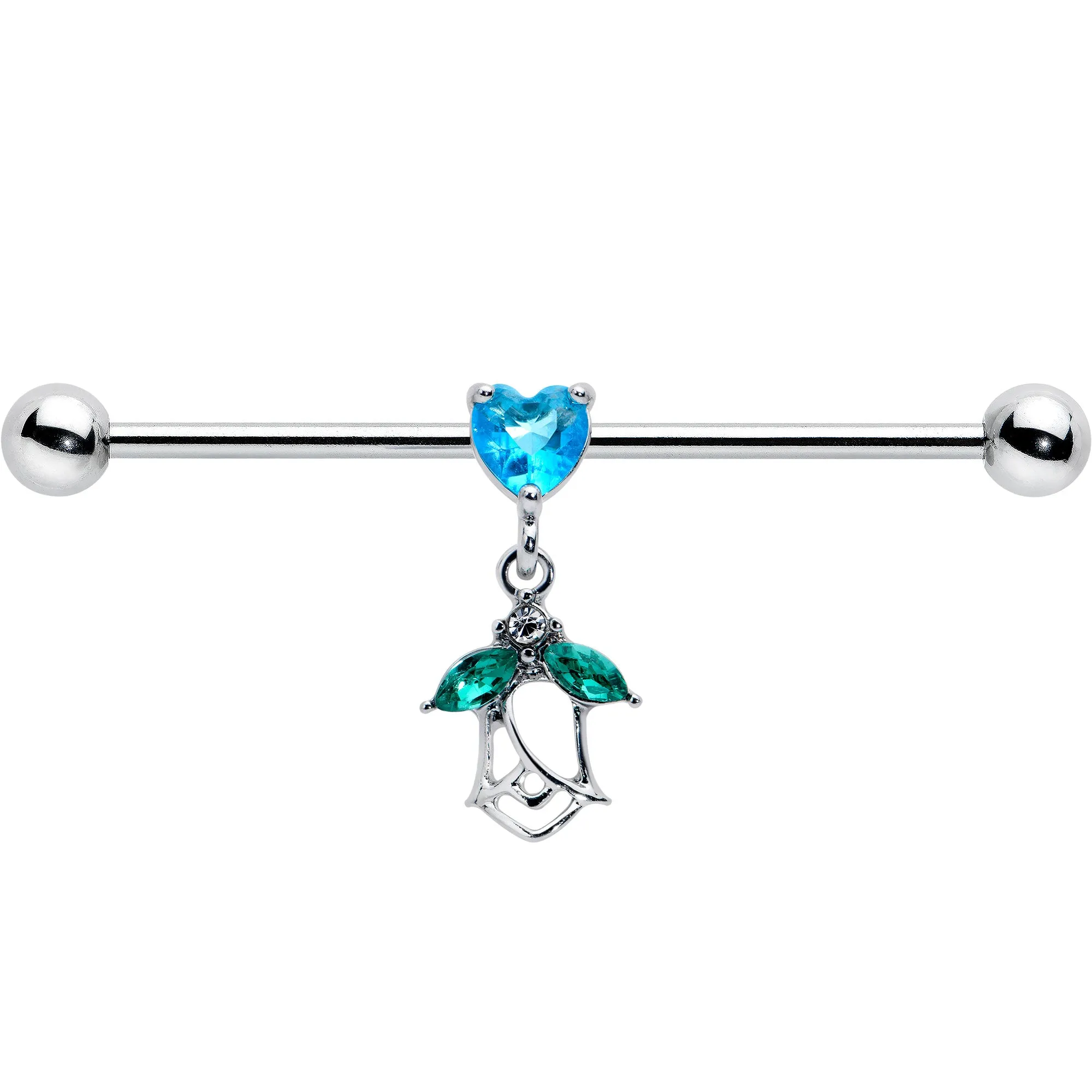 14 Gauge Blue CZ Gem Heart And Rose Dangle Industrial Barbell 38mm
