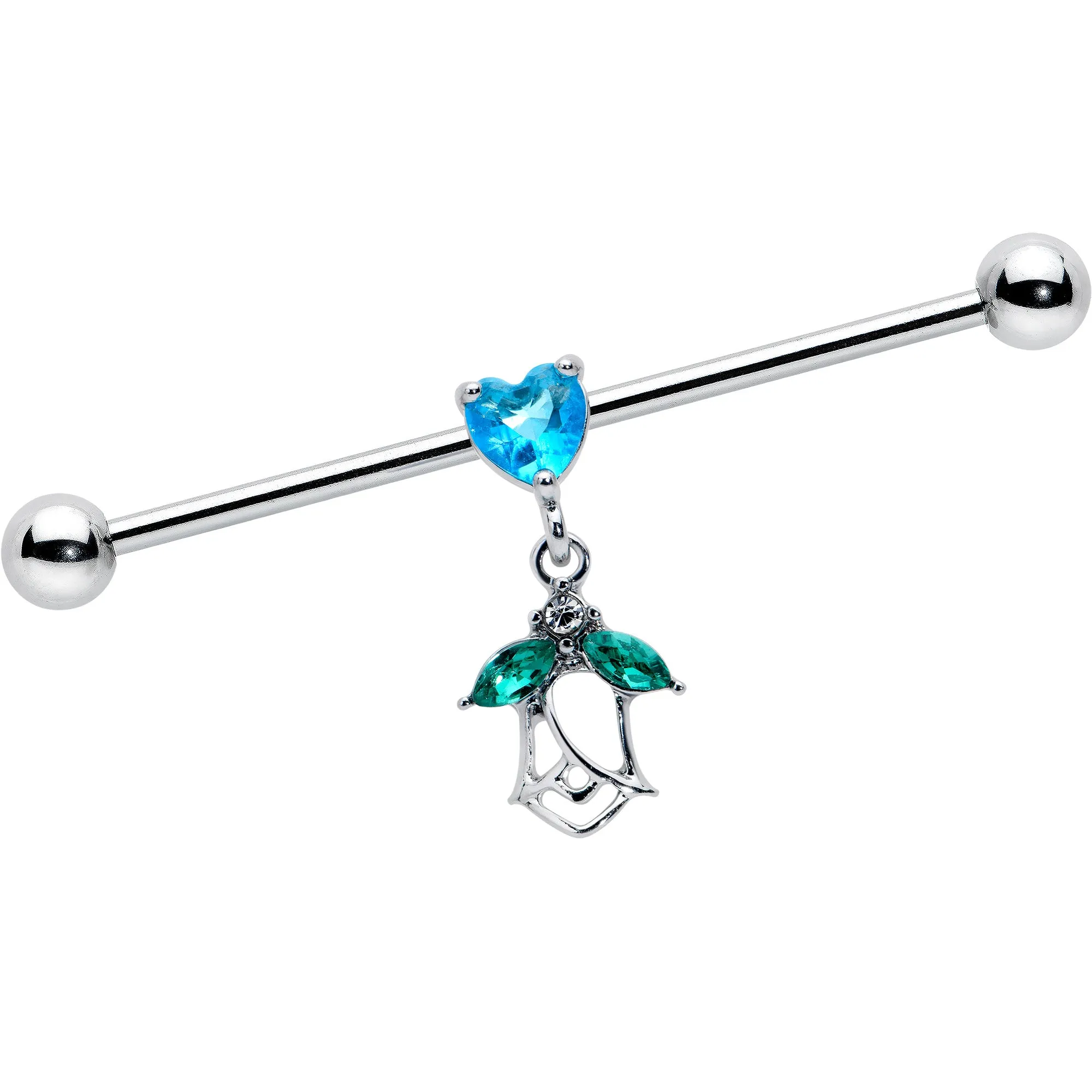 14 Gauge Blue CZ Gem Heart And Rose Dangle Industrial Barbell 38mm