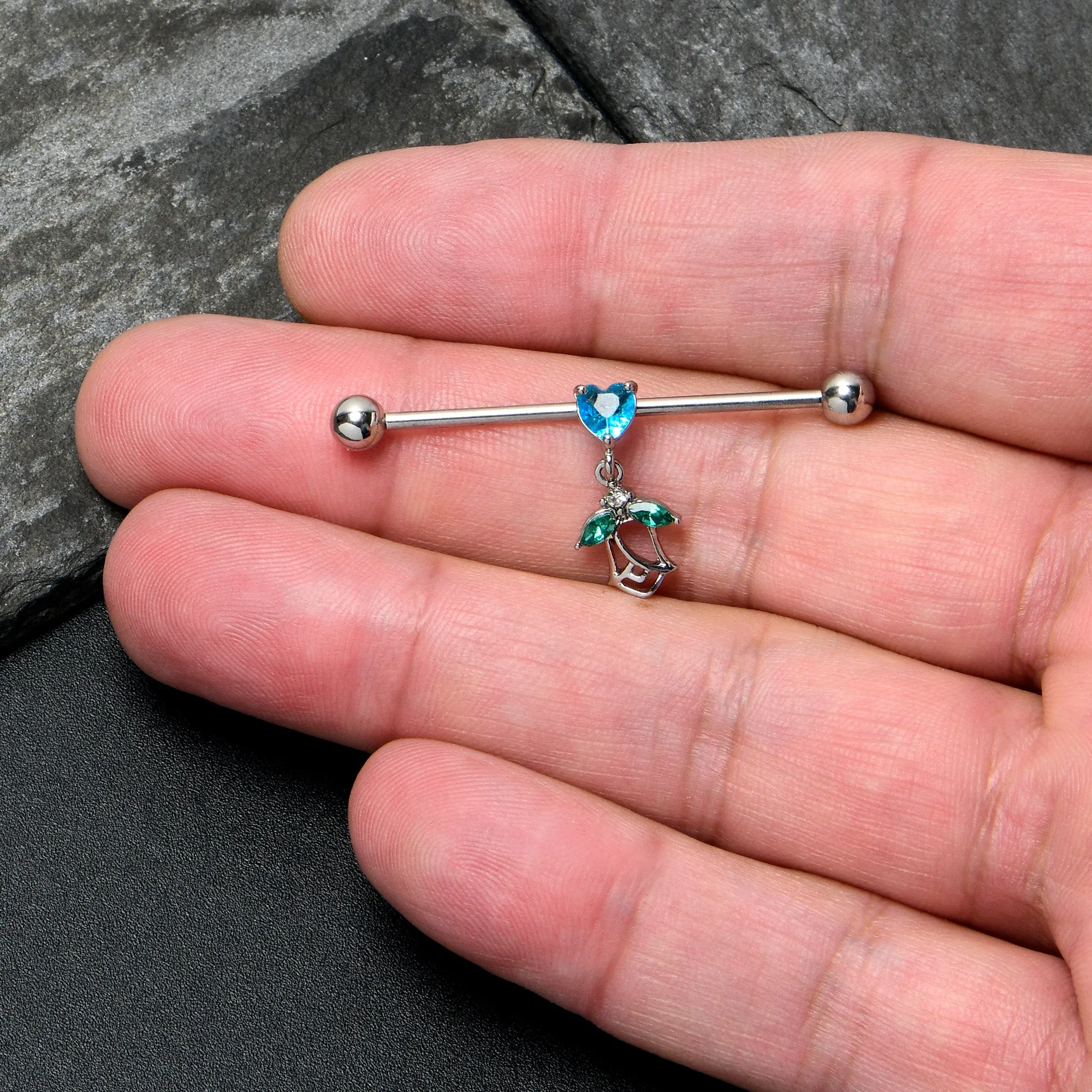 14 Gauge Blue CZ Gem Heart And Rose Dangle Industrial Barbell 38mm
