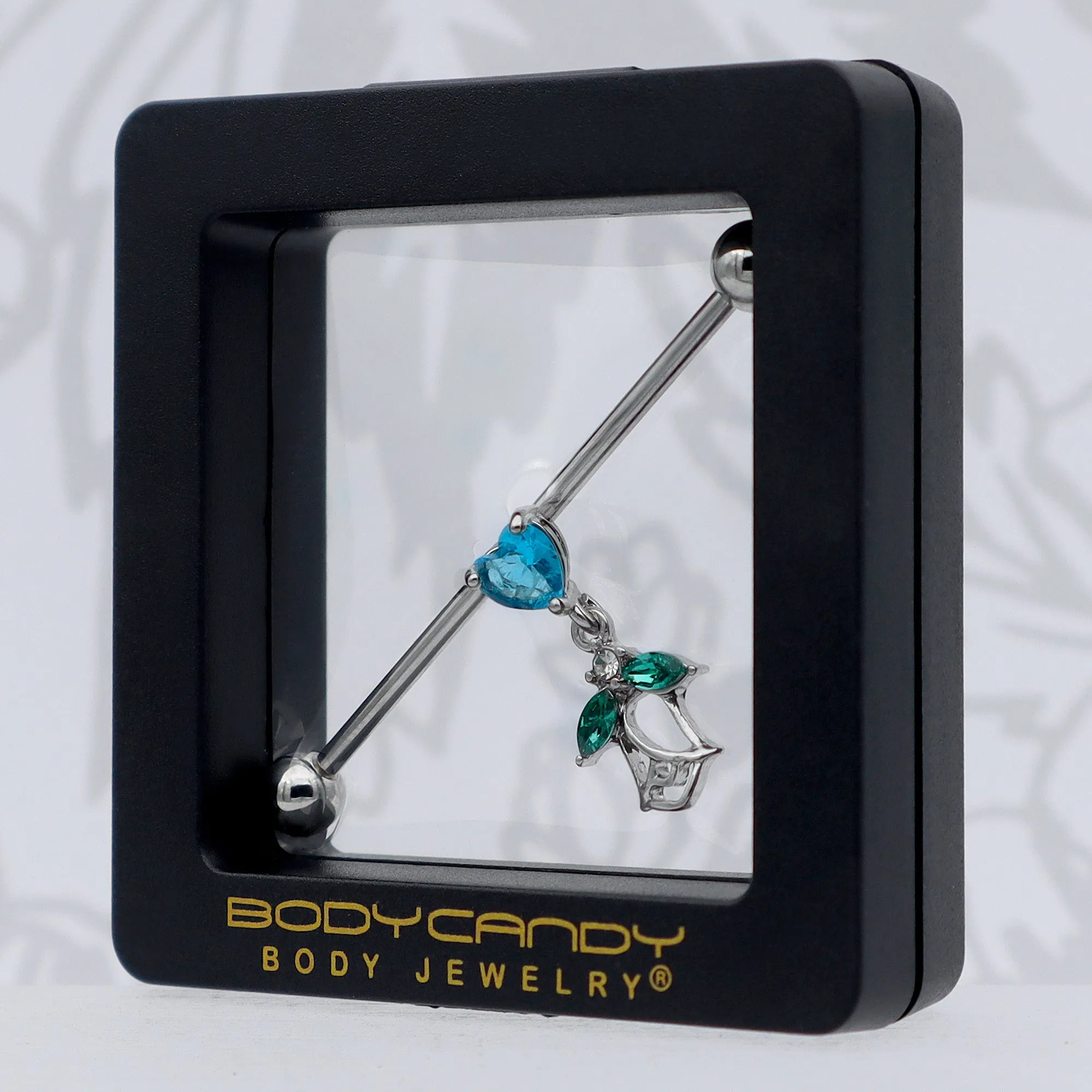 14 Gauge Blue CZ Gem Heart And Rose Dangle Industrial Barbell 38mm