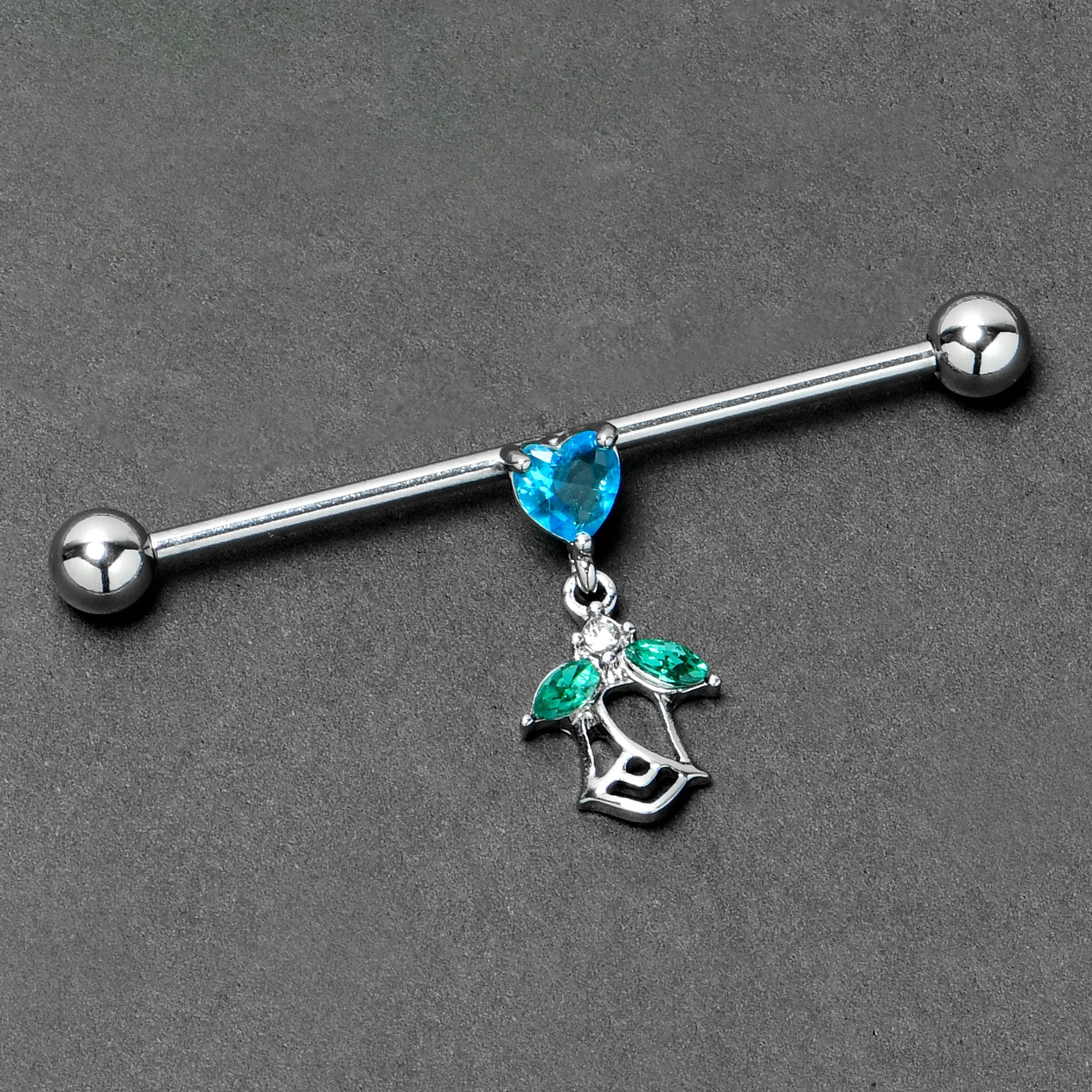 14 Gauge Blue CZ Gem Heart And Rose Dangle Industrial Barbell 38mm