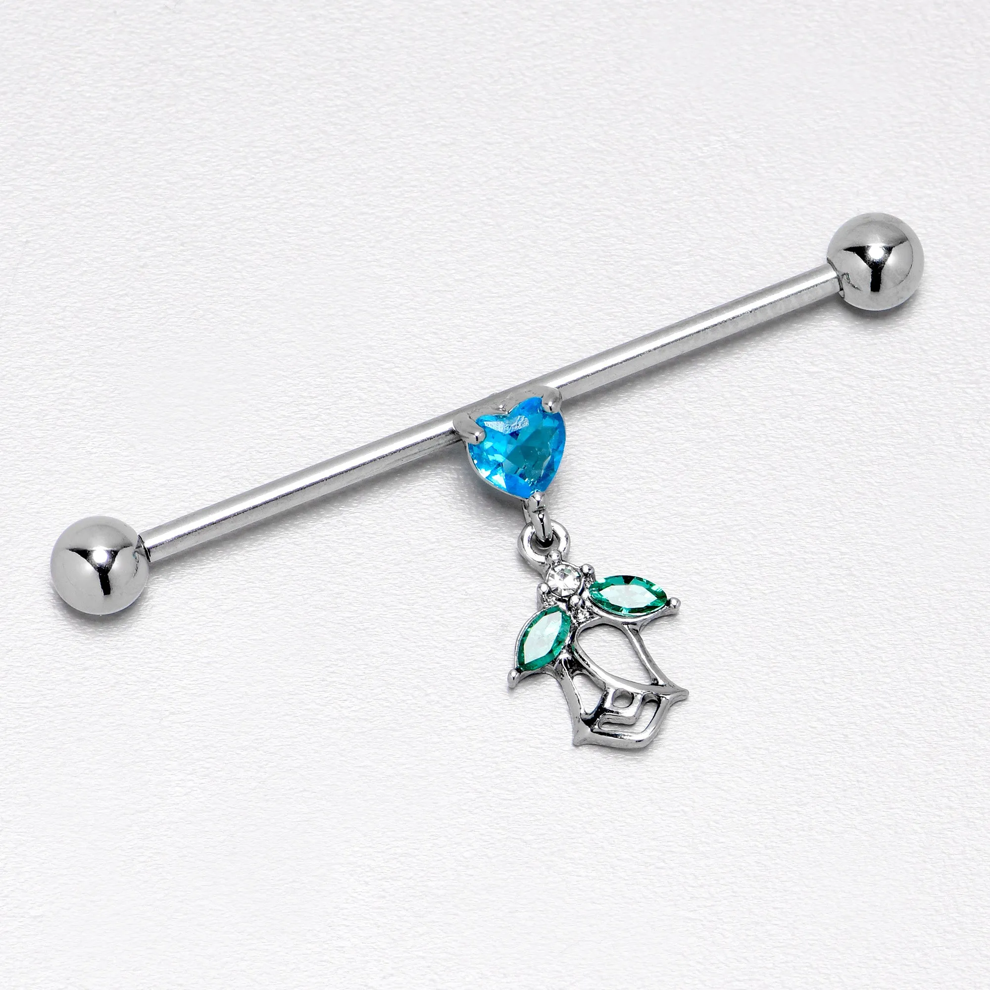 14 Gauge Blue CZ Gem Heart And Rose Dangle Industrial Barbell 38mm
