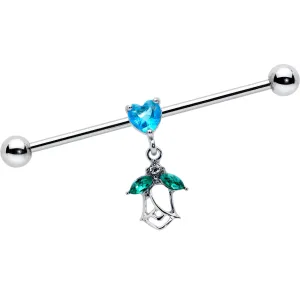 14 Gauge Blue CZ Gem Heart And Rose Dangle Industrial Barbell 38mm